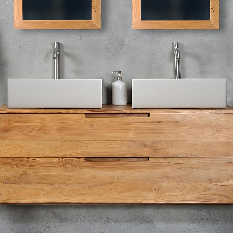 Szafka łazienkowa wisząca z jasnego drewna tekowego z podwójną umywalką - 2 szuflady - 115 cm - BIMBING