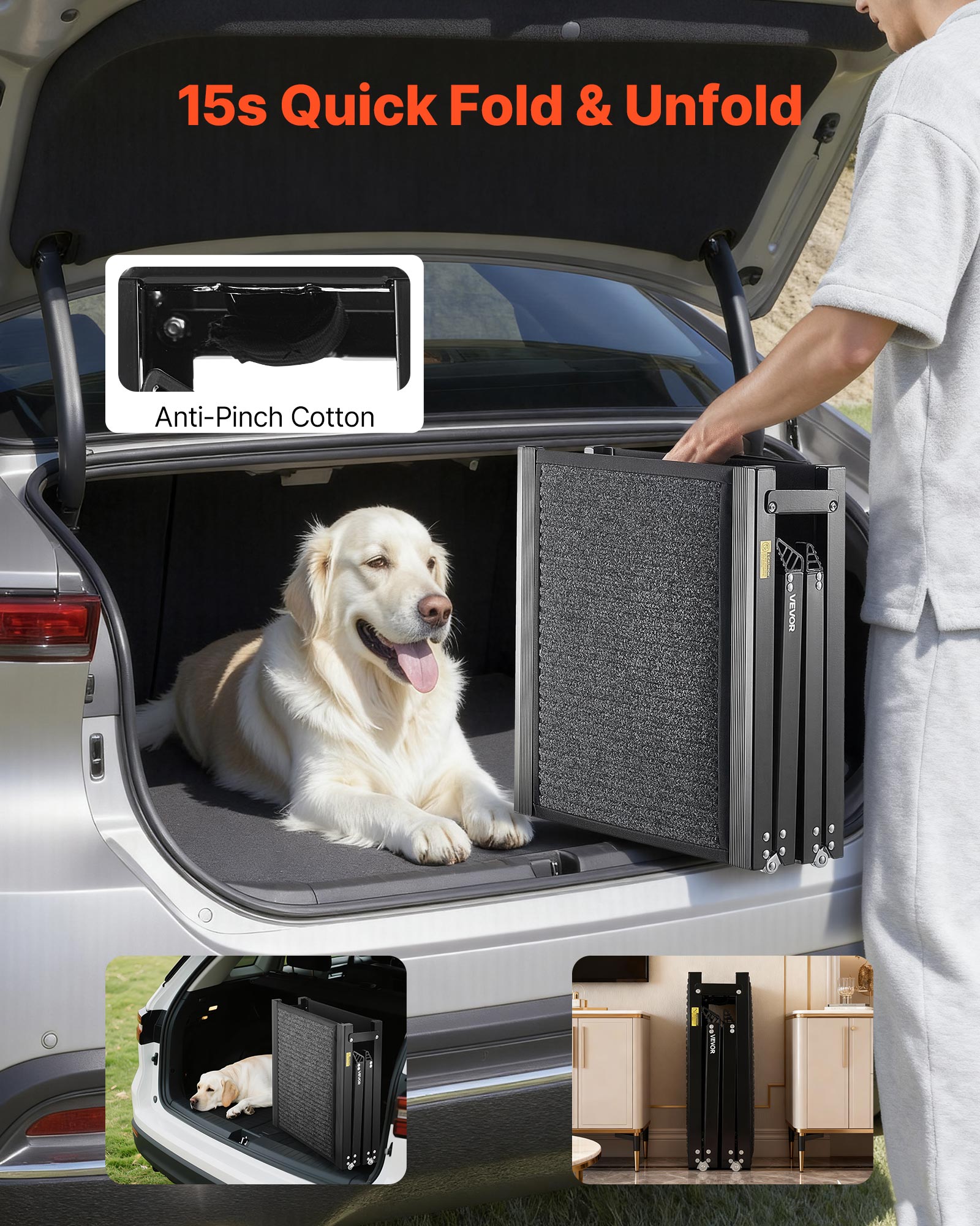 Rampa para perro VEVOR, plástico, 160x43,2 cm, 113 kg, plegable, superficie de fieltro antideslizante, compatible con SUV/camiones, exterior - 5