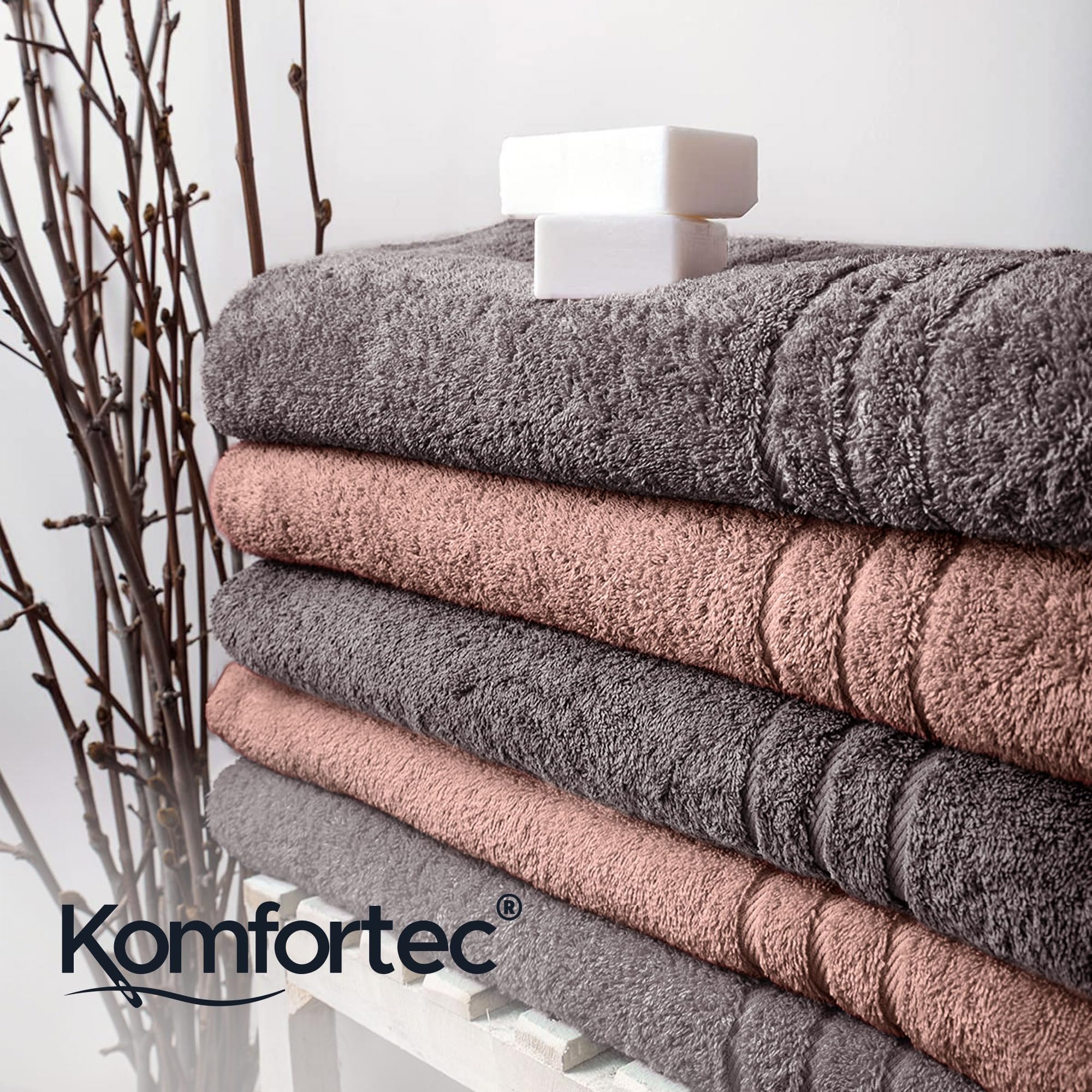 Komfortec Asciugamani 2 per Sauna 70x200 cm in 100% Cotone,470 g/m², Asciugamano Doccia Grande, Morbido, Asciugatura Rapida, Grigio antracite/Rosa - 6