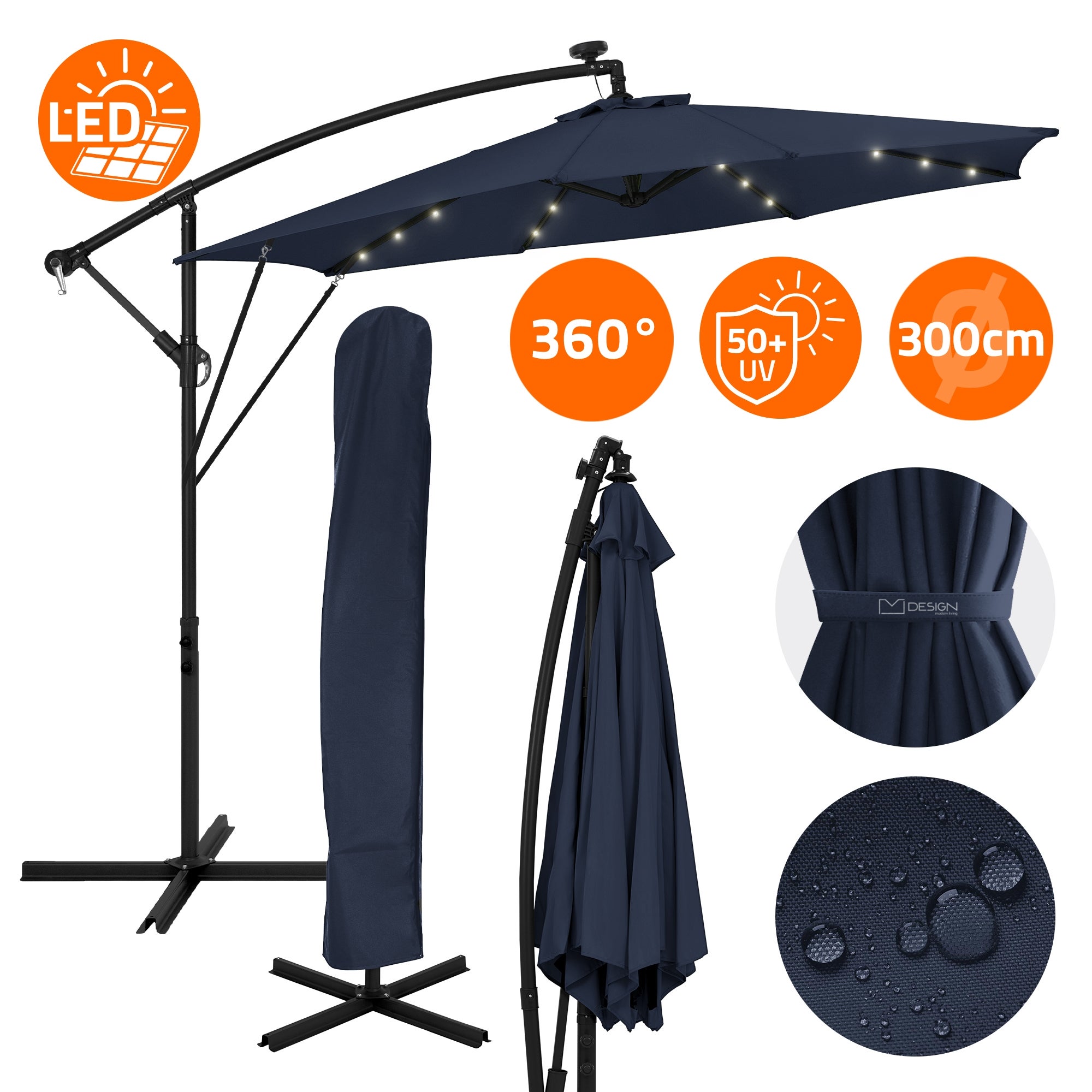 ML-Design parasol wiszący ogrodowy 300 cm LED Solar granatowy aluminiowy z korbką UV50+ wodoodporny obracany 360 stopni z pokrowcem i stojakiem