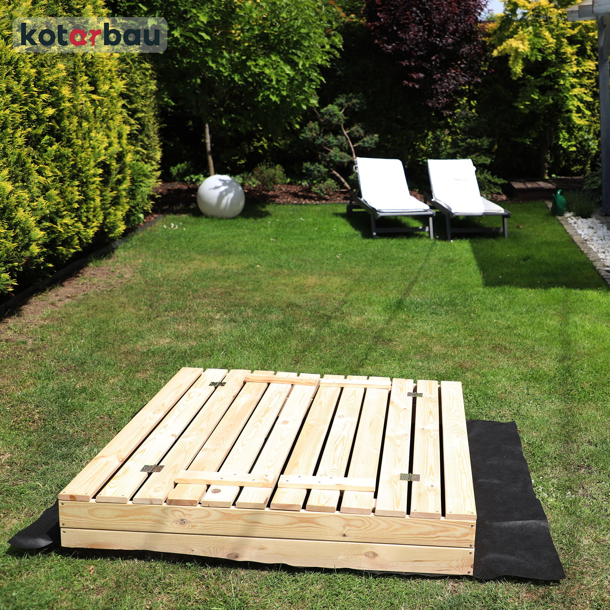 Bac à Sable Enfant Extérieur - Bois - 120 x 120 cm - Naturel - avec Couvercle et Bancs - Avec Tissu Anti-Mauvaises Herbes - KOTARBAU - 7
