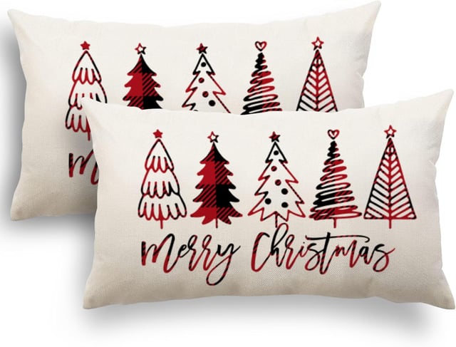 Housse de Coussin Noël 30x50 cm, Lot de 2, Motif Père Noël et Wapiti, Coton et Lin, Décoration de Noël