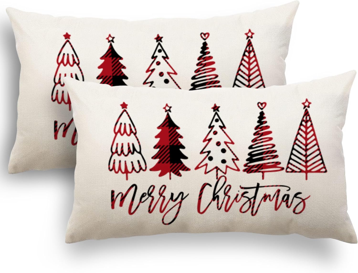 Lifreer 2 Federe Natalizie Per Cuscino 45x45 Cm – Motivi Renna E Babbo Natale, In Cotone Lino Rosso E Beige, Con Cerniera