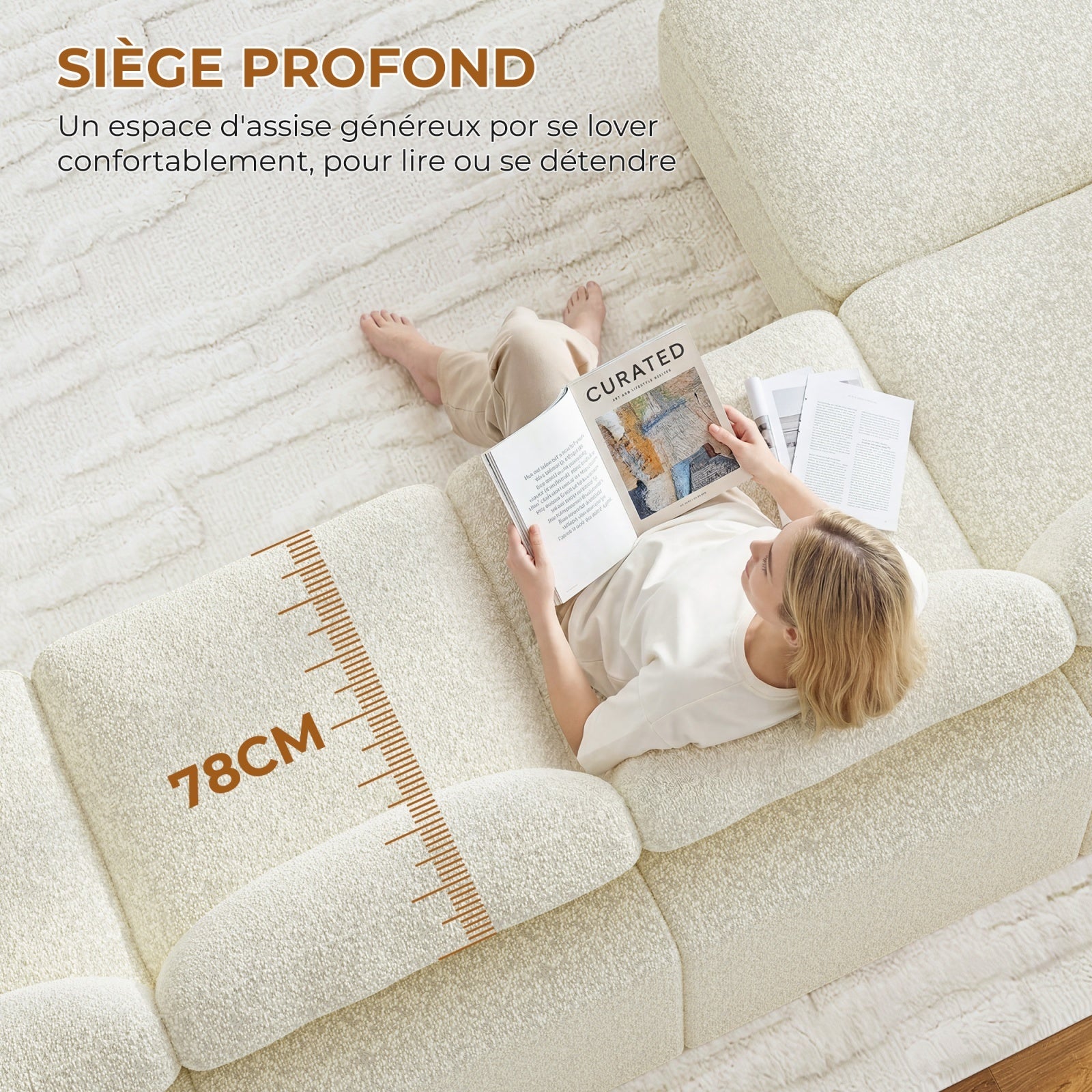 Canapé d'angle Panoramique Modulaire 7 Places en Chenille pour Salon/Bureau,Repose-pieds Amovible ,Beige - 4