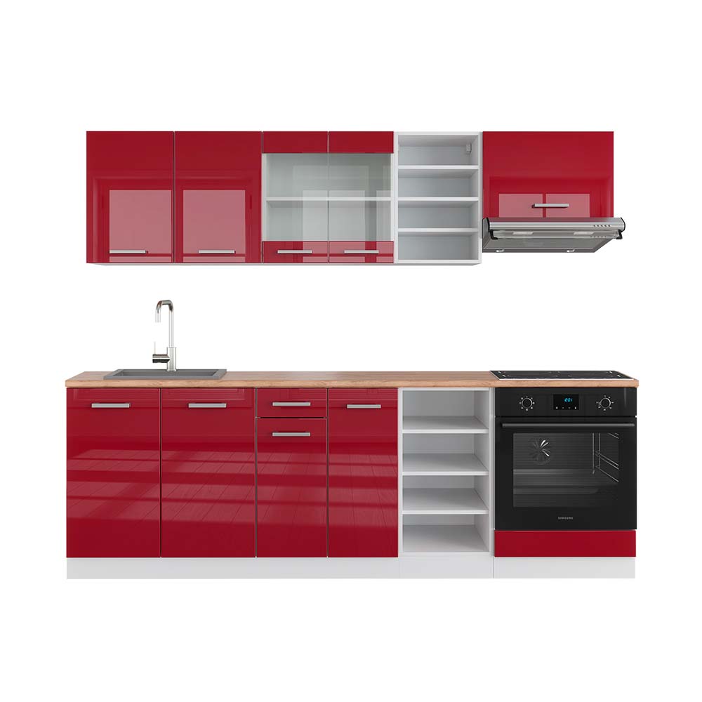 Vicco Zabudowa kuchenna R-Line, Czerwony wysoki połysk/biały, 240 cm , BP Dąb