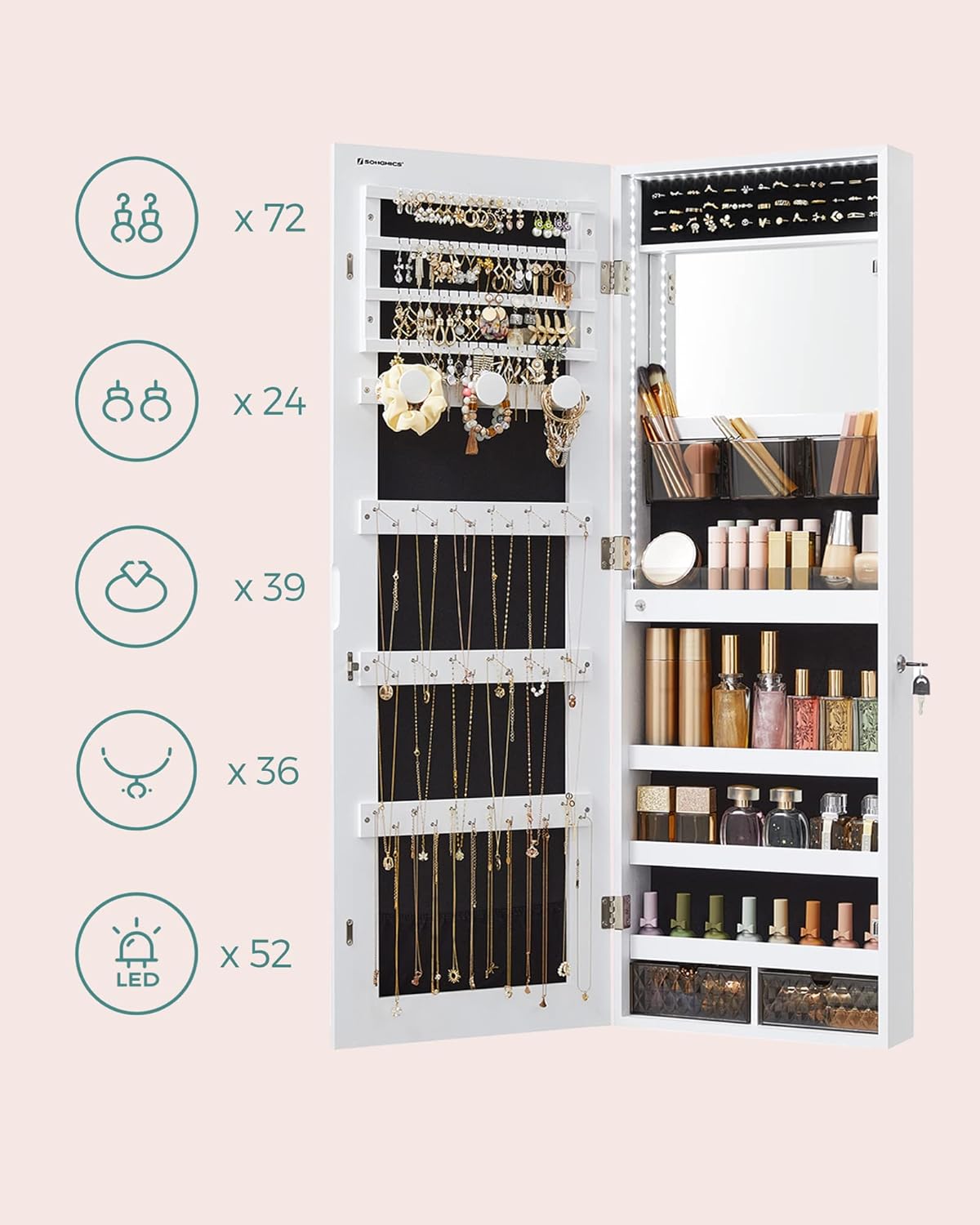 Armoire à Bijoux Murale, avec Lumières LED, avec Miroir sans Cadre, 2 Tiroirs, Verrouillable, Blanc - 3
