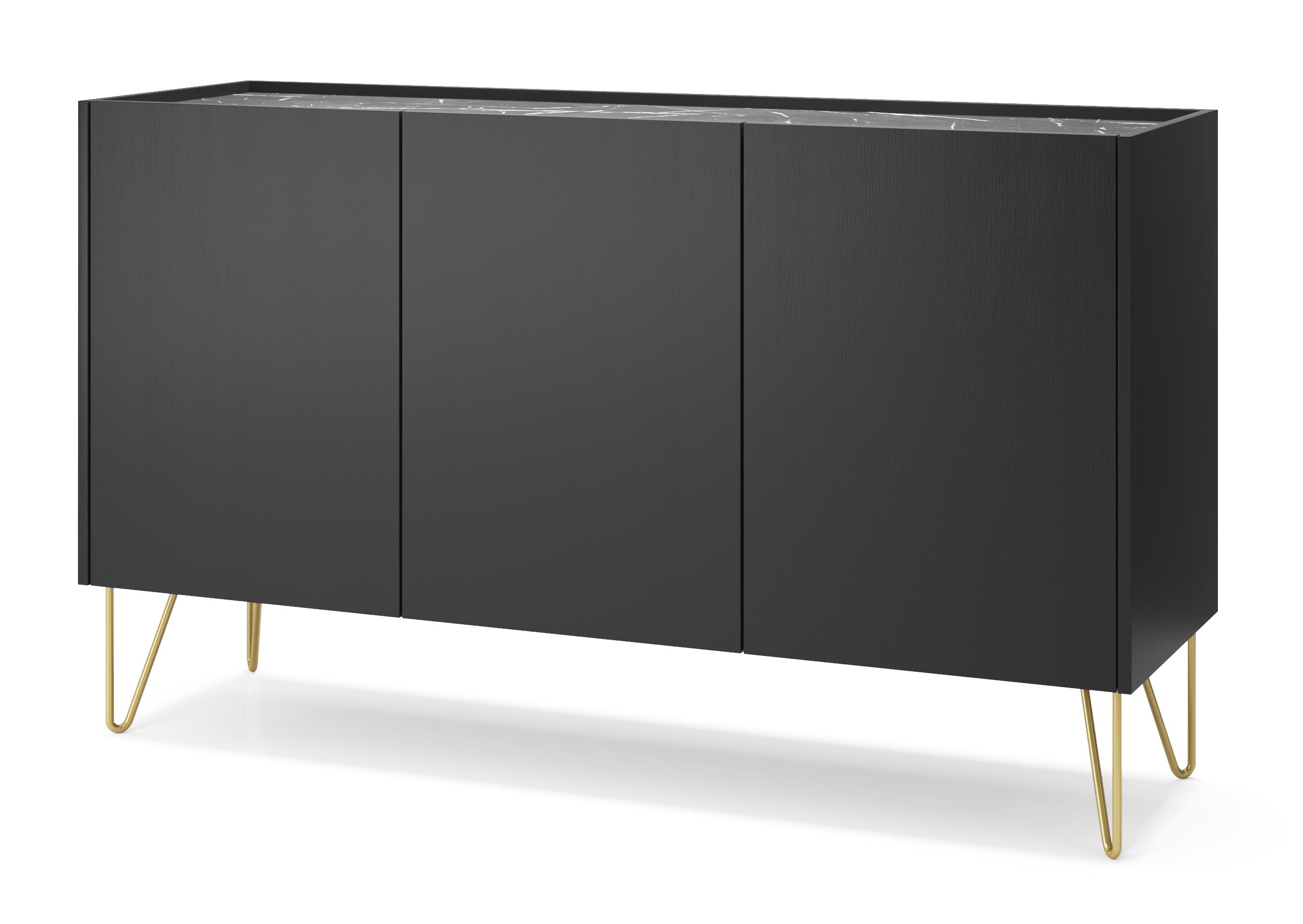 Komoda: 3 drzwi, 6 półek, grafitowa czerń / czarny marmur, 144 cm x 83 cm x 37 cm