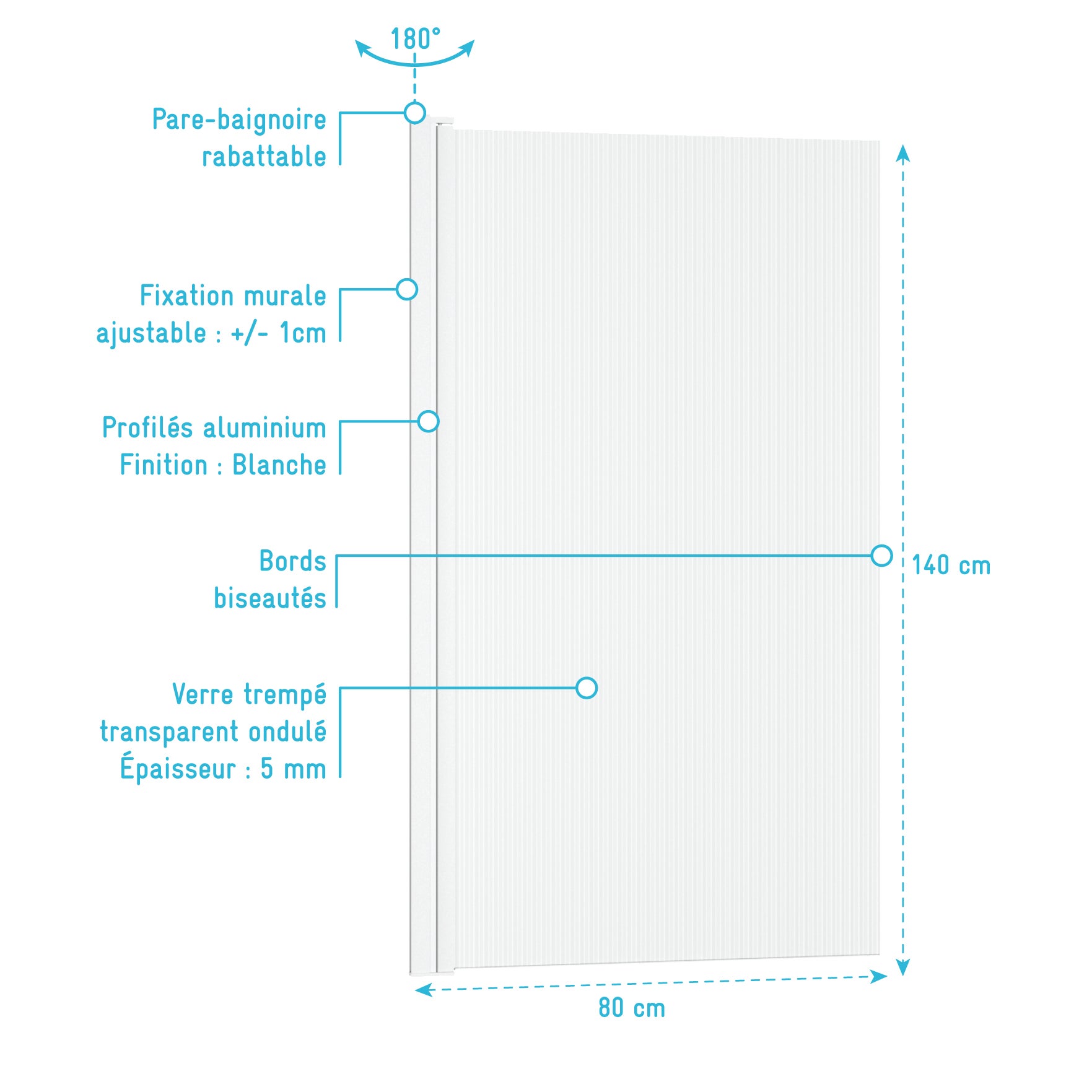 Pare baignoire Rabattable 80x140cm - Profilé Blanc - Verre Trempé Ondulé 5mm - WAVY - 4