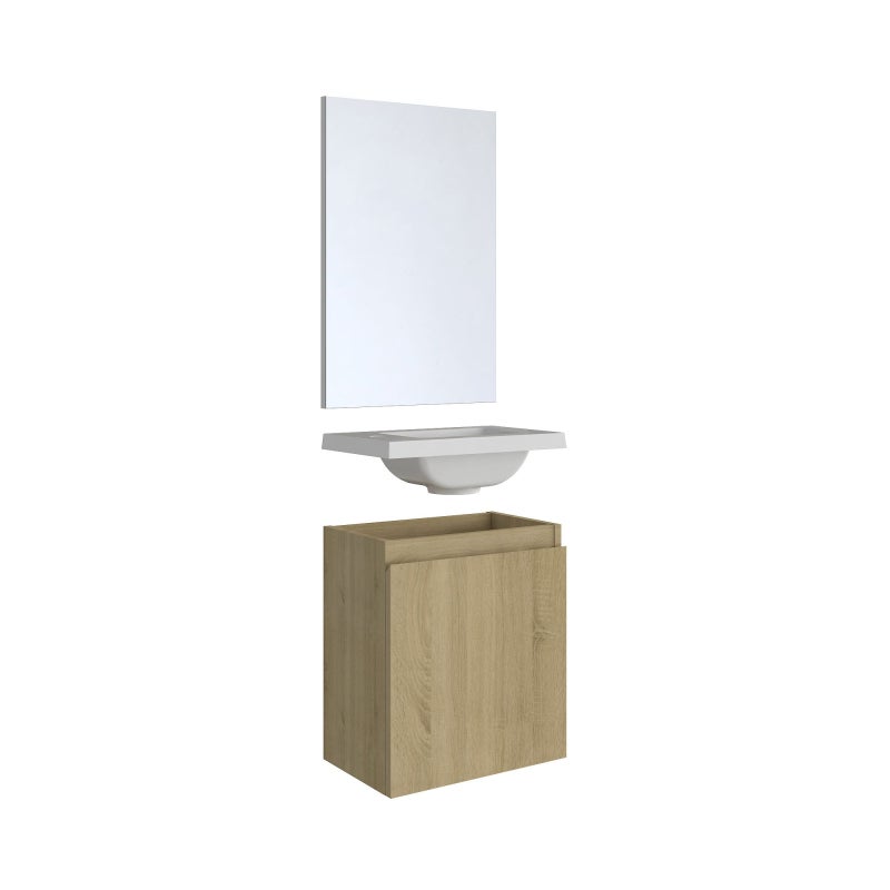 Ensemble meuble lave-mains avec miroir PORTO PACK - couleur chêne - L40 x H51 x P25 cm - 6