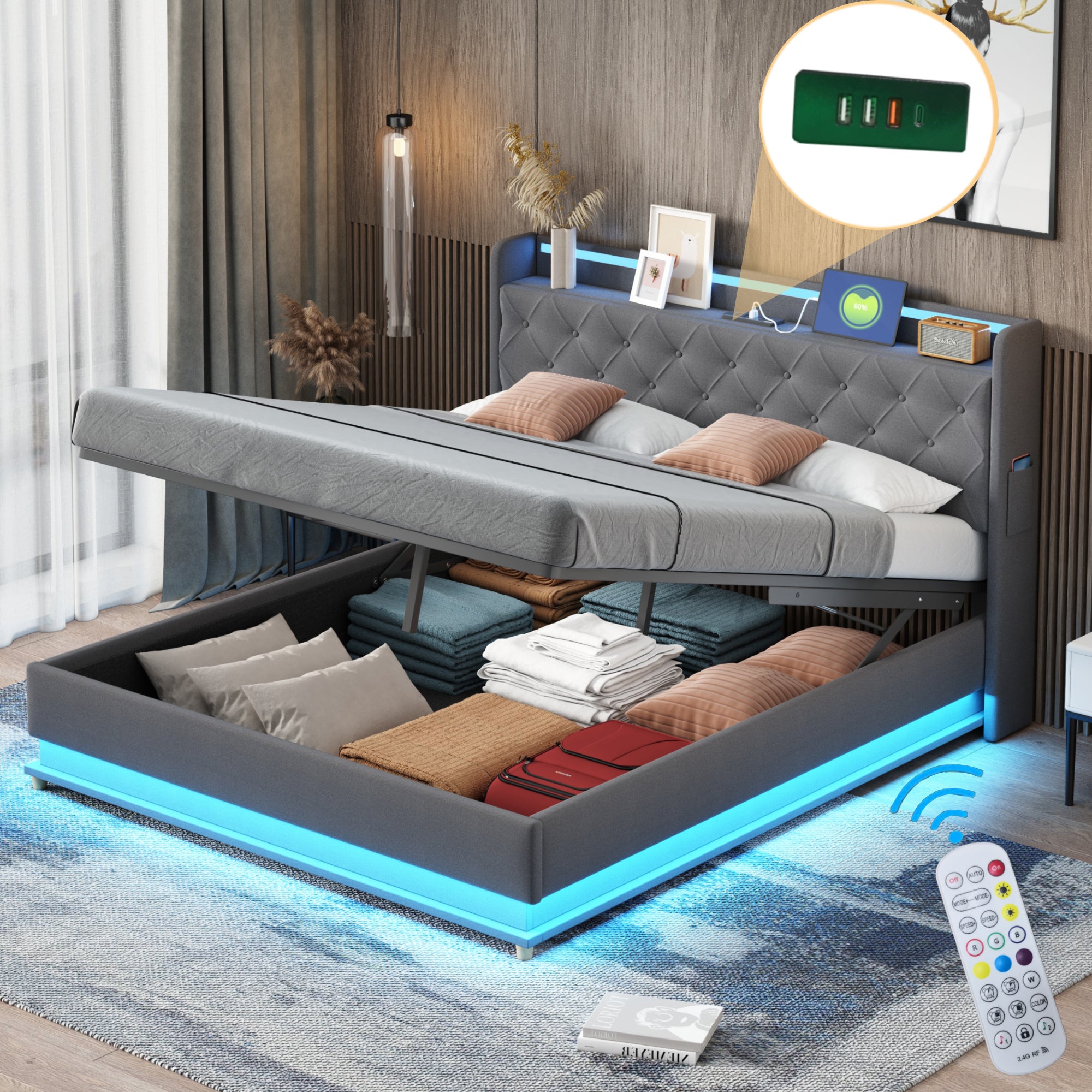 Cómoda Cama Tapizada con LED 160x200 cm - con Puerto de Carga USB - Tela de Lino - Gris - 2