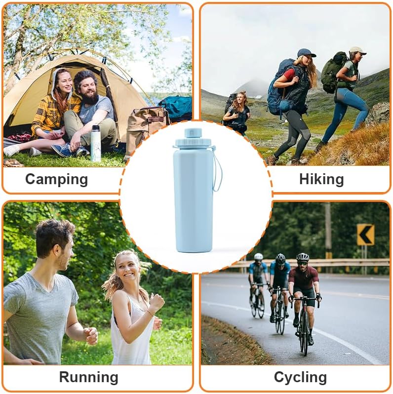 Gourde pliable 600 ml, en silicone, légère et étanche, idéale pour le camping, la randonnée, le vélo et les activités de plein air. Couleur : bleu. - 7