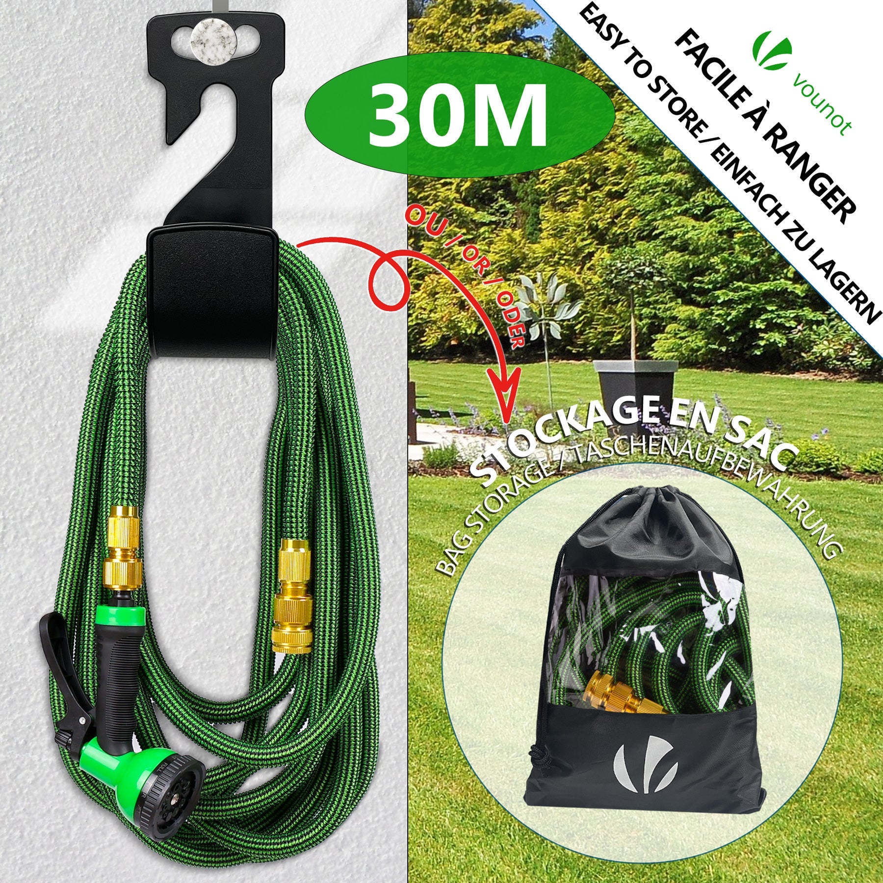 Tuyau d'arrosage extensible renforcé 30m vert - 10 modes - raccord et sac de rangement inclus - flexible, anti-fuite - VOUNOT® - 5