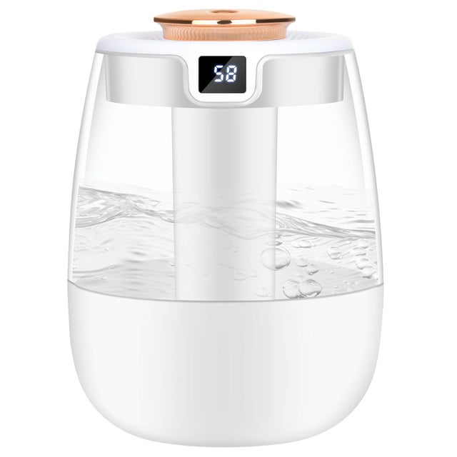 Humidificador para dormitorio - Humidificador de ambiente de 1.2 L con doble boquilla y luz nocturna, pantalla digital, 30 dB para oficina (blanco)