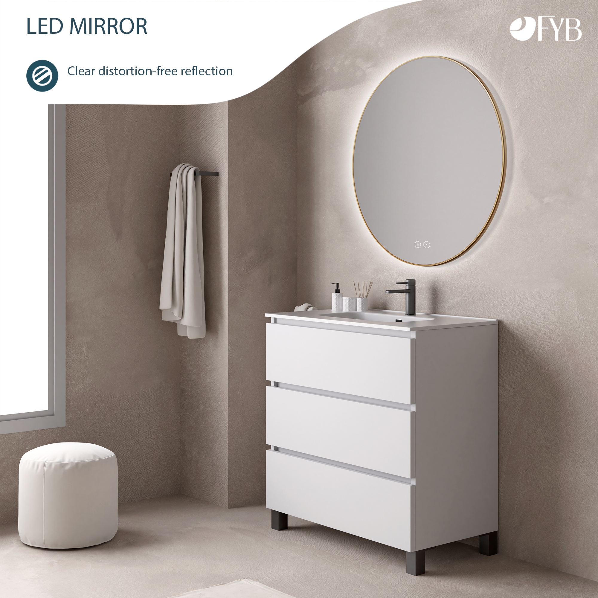 Feel Your Bath, Espejo de Baño Redondo con Luz LED Regulable 80cm, con Interruptor Táctil, Antivaho - Retroiluminado Oro - 2