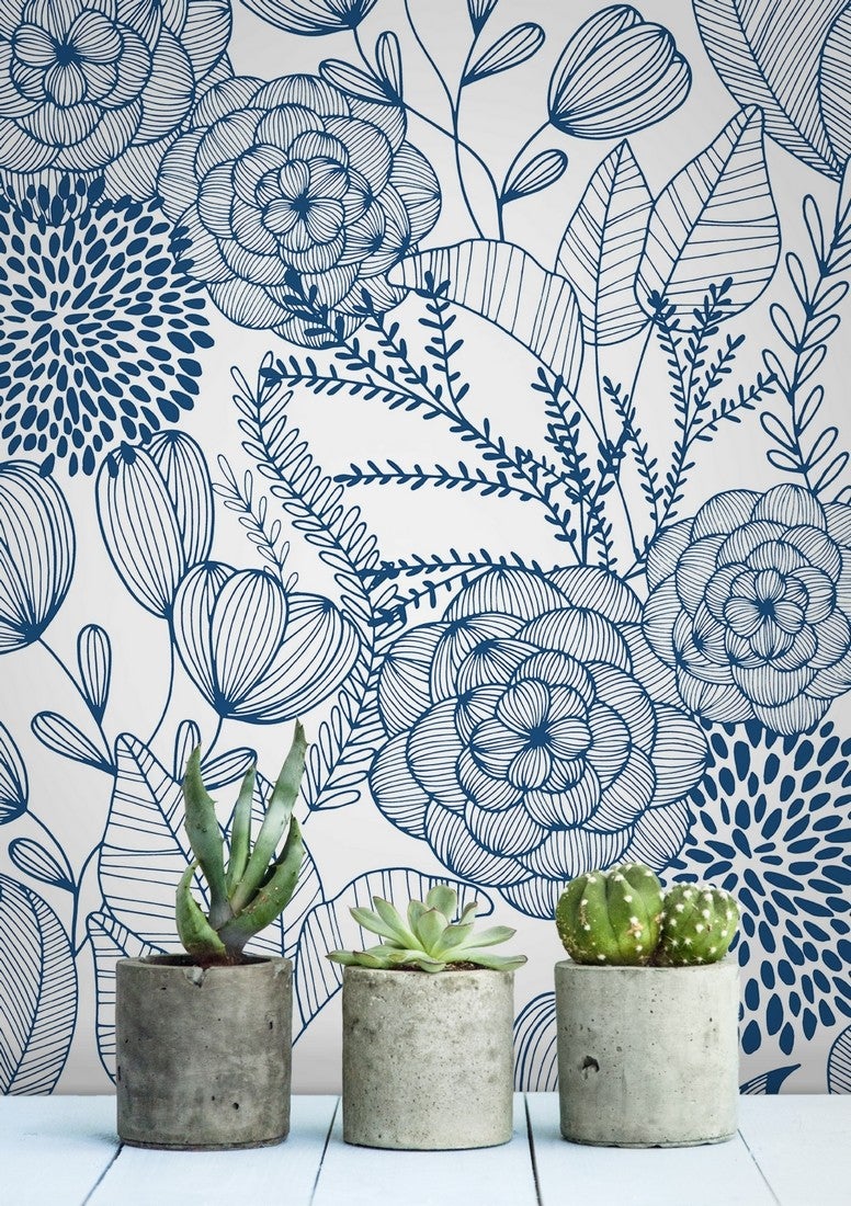 Papier peint vinyle fleurs dessinées bleu - Morgan Flowers 680643 de GAULAN - Rouleaux de 10 m x 0,53 m - 4
