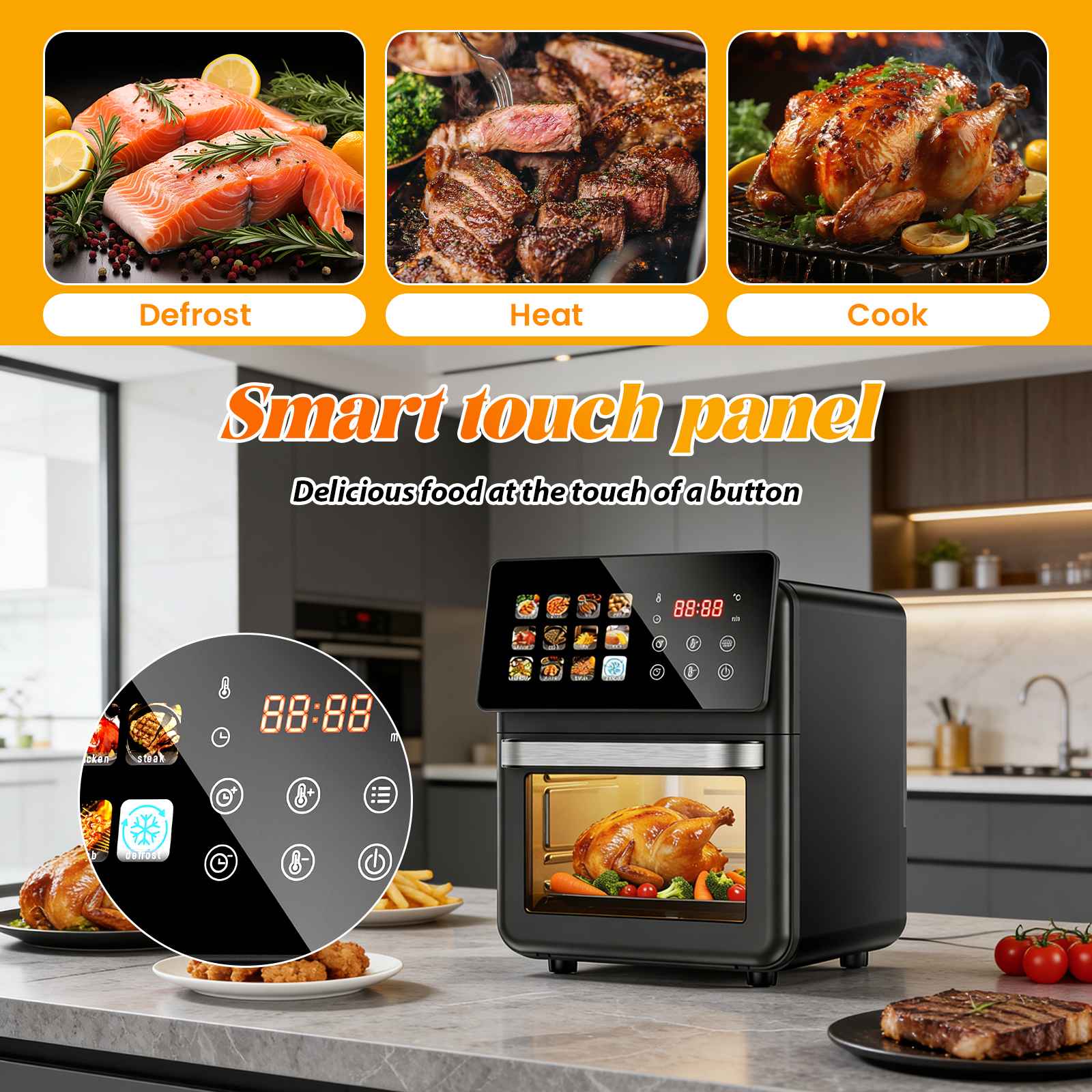 Four à air intelligent 10L écran tactile 12 programmes cuisson saine sans huile grande capacité famille 5-6 fenêtre transparente air chaud - 7