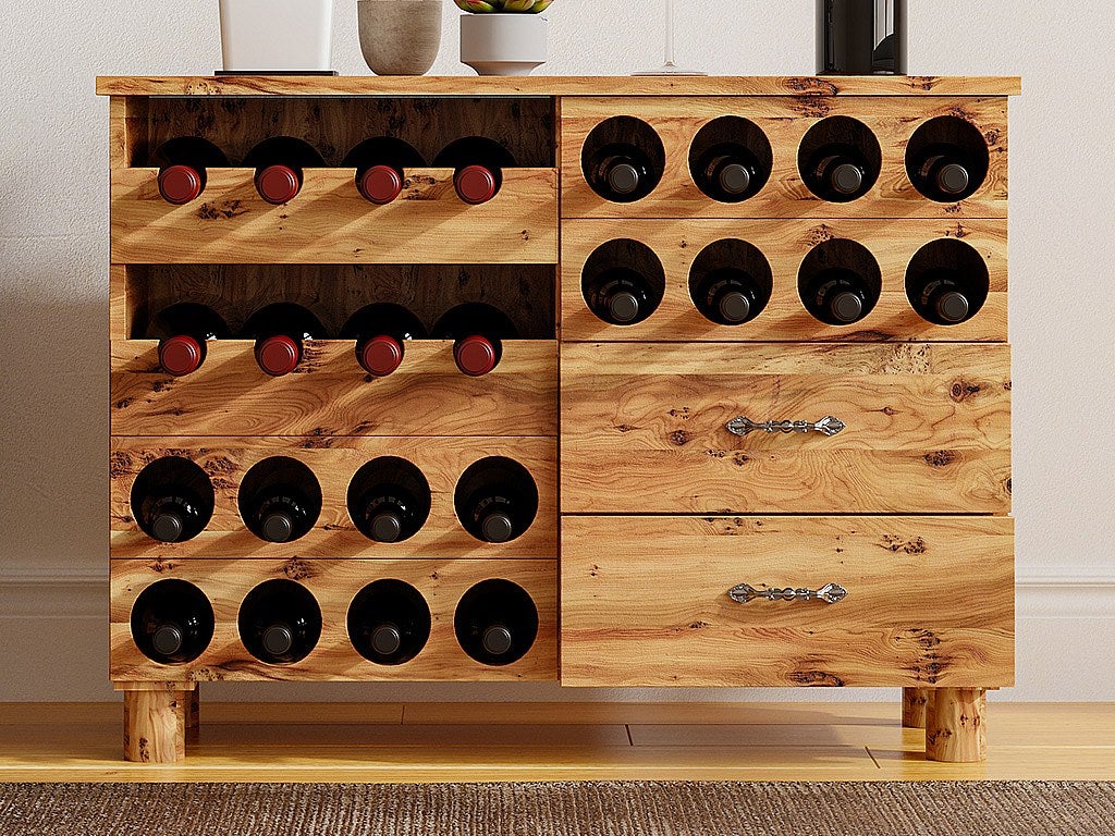 Komoda na wino z drewna sosnowego i MDF - szer. 90 x gł. 32 x wys. 69 cm - Naturalny - RIOJA