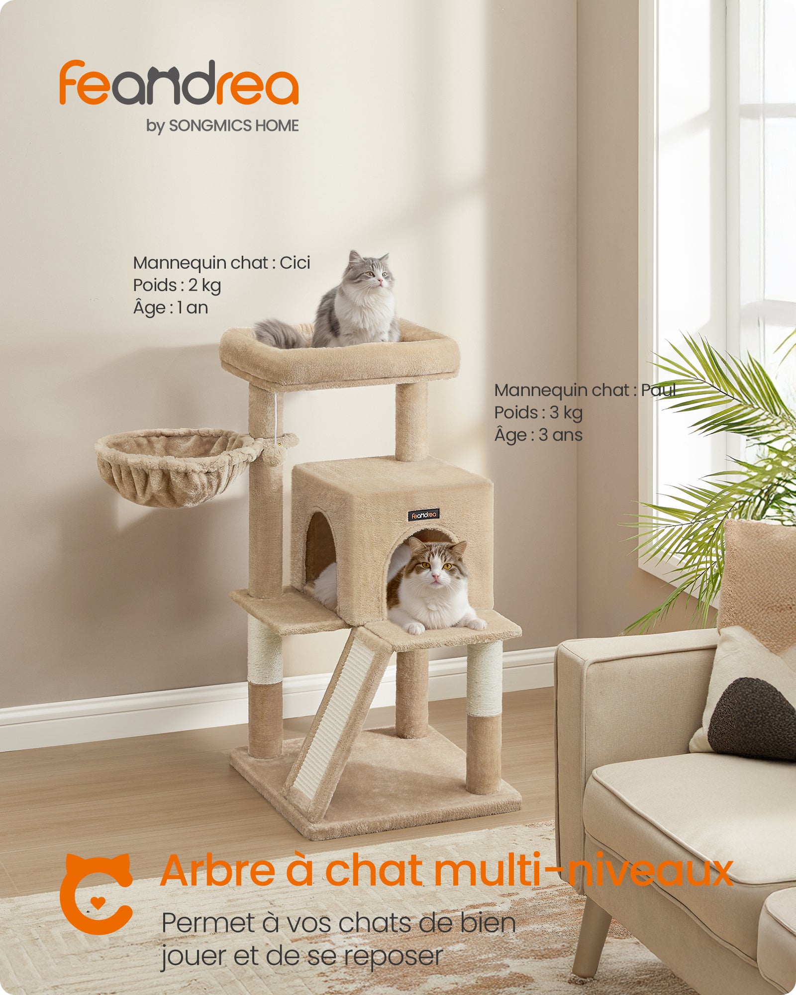 Arbre à Chat, Tour de Jeux, Grand Plate-Forme, Marron Camel - 2