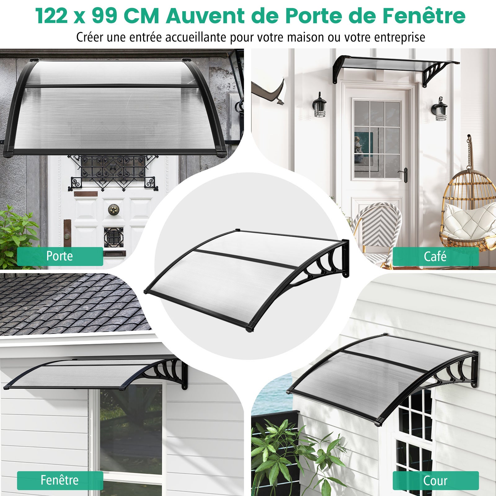 122 x 99 cm Toldo para porta de entrada Proteção solar, toldo para porta e janela exterior Folha de policarbonato (cinzento) - 6