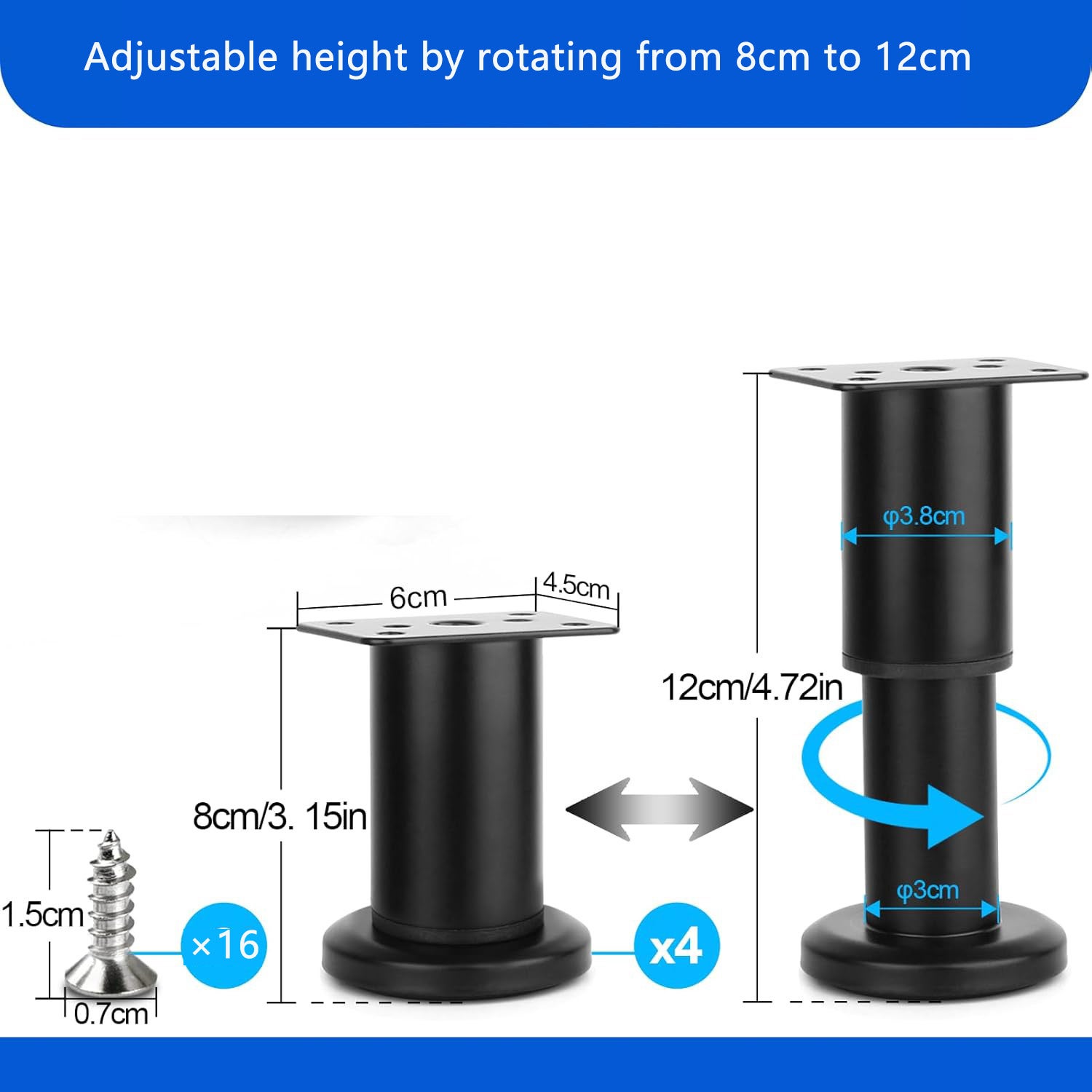 Gambe Regolabili Per Mobili Sossai - Set Di 4, Bianco, 100mm (±20mm), Portata 25kg Cadauna - Foto 3