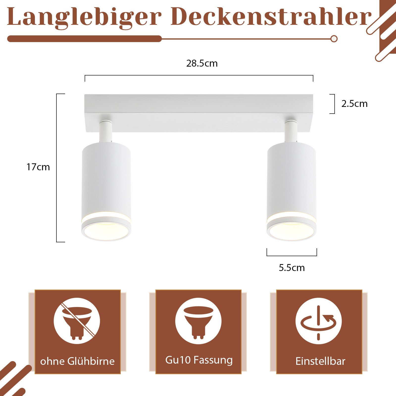 NETTLIFE Plafonnier LED 2 flamme - Blanc Plafonnier GU10 Spot pivotant Applique murale en bois Spot mural pour salon chambre Sans ampoule - 5