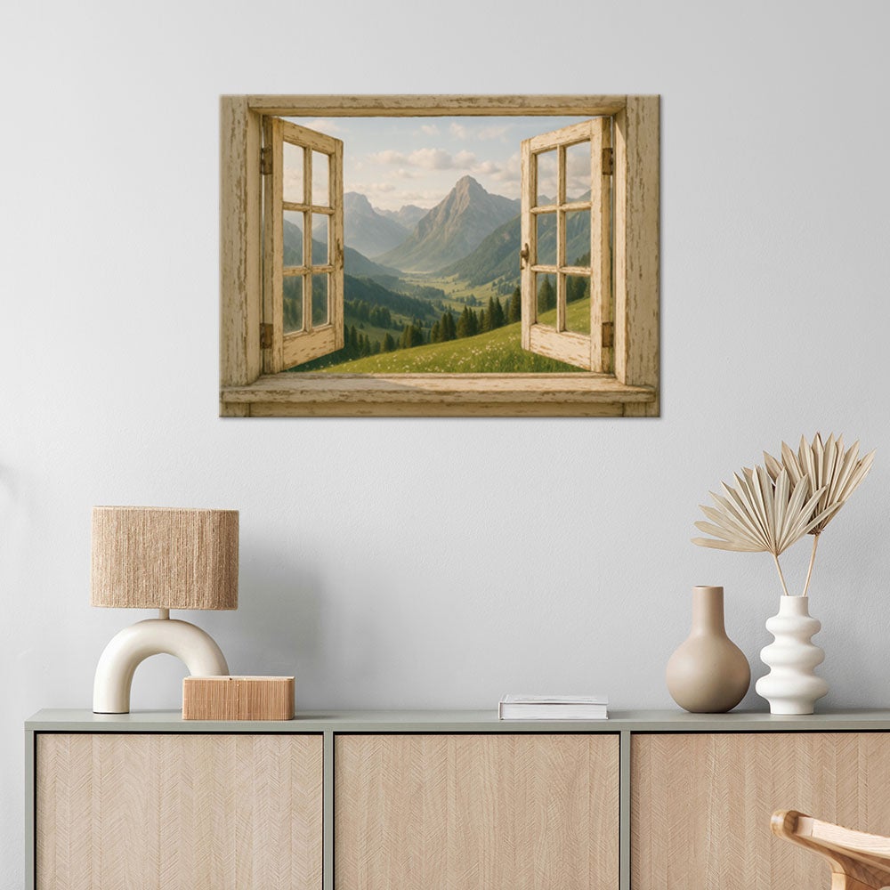 Obraz do salonu sypialni jadalni, Widok z okna na góry Shabby Chic 100x70