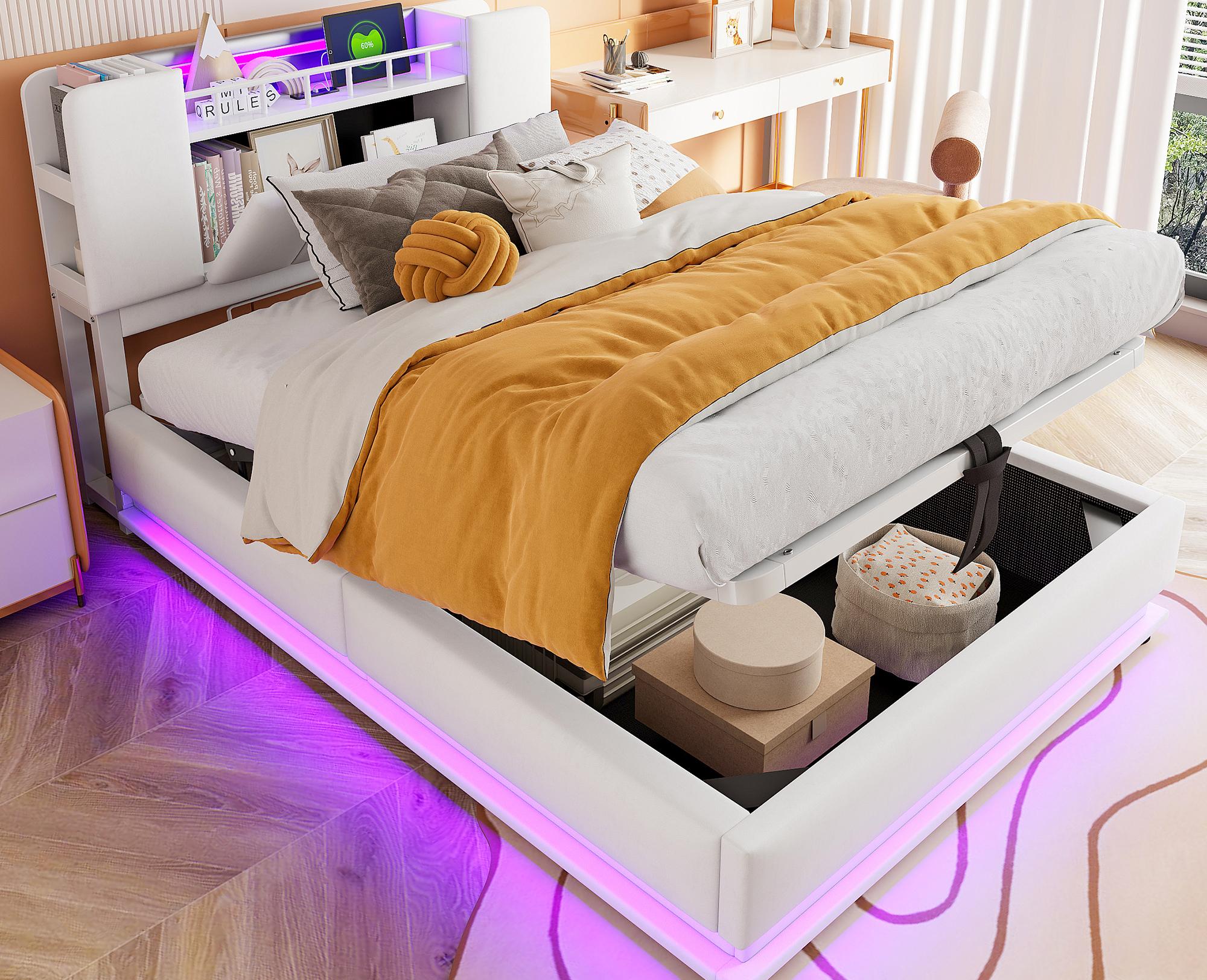 Huayz Lettino imbottito 90 x 200 cm, letto singolo multifunzione con illuminazione a LED e ricarica USB, testiera con vano idraulico, struttura del letto con rete a doghe, beige, senza materasso