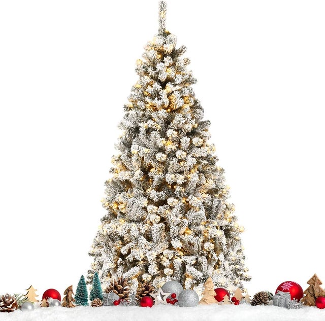 Albero di Natale Innevato 180/225 cm, Albero di Natale con 250/450 Luci a LED Bianco Caldo, 600/1010 Rami Folti e Base Metallica, Ideale per Casa, Uff