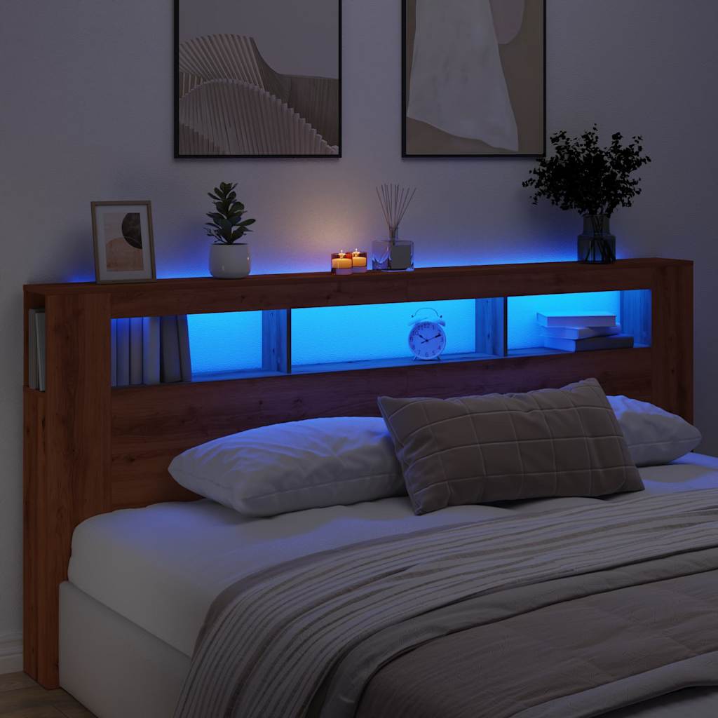 Cabecero de cama con luces LED, madera roble artesanal, 220x18,5x103,5 cm - 3
