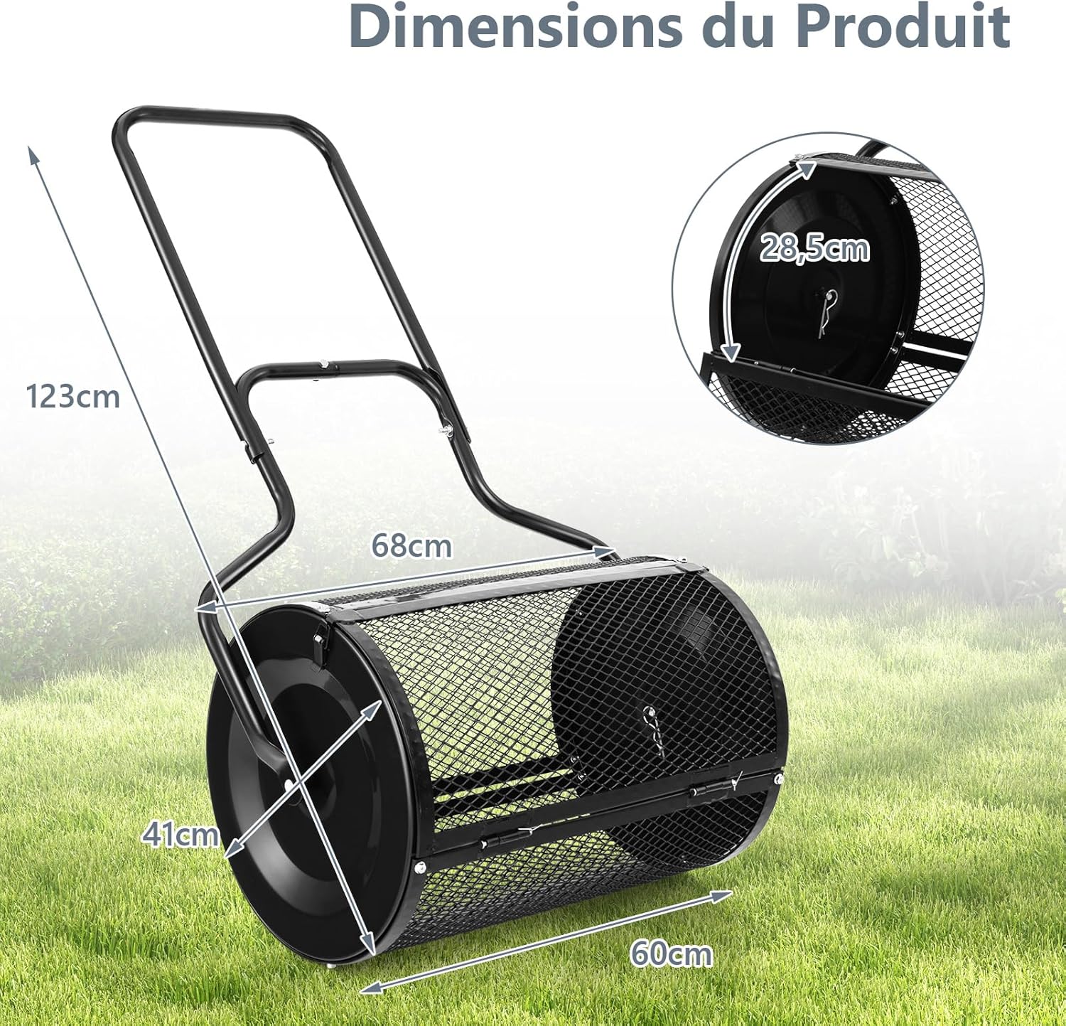 Spandiconcime a Rullo, Rullo da Giardino con Impugnatura Pratica Chiusure Laterali e Rete in Metallo per Concimazione e Semina, Spandiconcime - 5