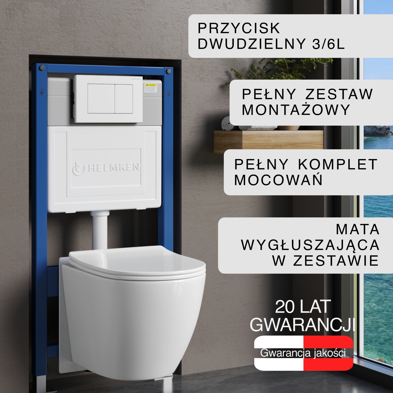 Stelaż podtynkowy WC Helmken 35490101 Zestaw 5w1: Przycisk Biały (J), Miska bezkołnierzowa Rimless, Deska wolnoopadająca, Mata