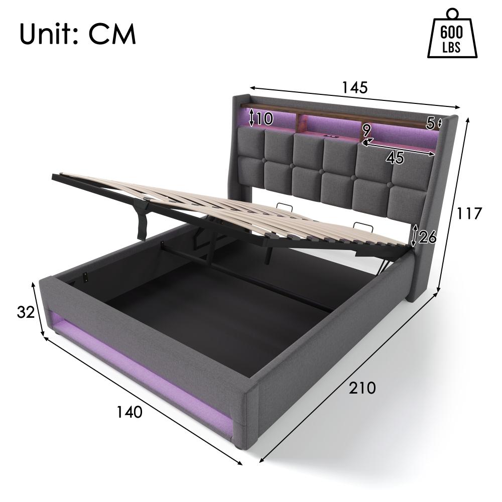 Łóżko tapicerowane z USB 180 x 200 cm, podwójne łóżko LED z metalową ramą i listwami, rama łóżka z lnu Łóżko młodzieżowe (bez materaca) - 2