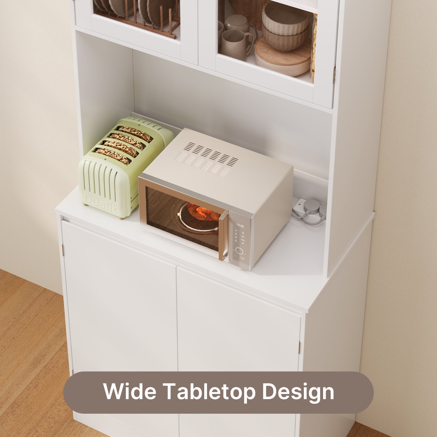 Meuble de rangement cuisine haut blanc,180 cm,4 portes avec compartiments et portes vitrées - 7