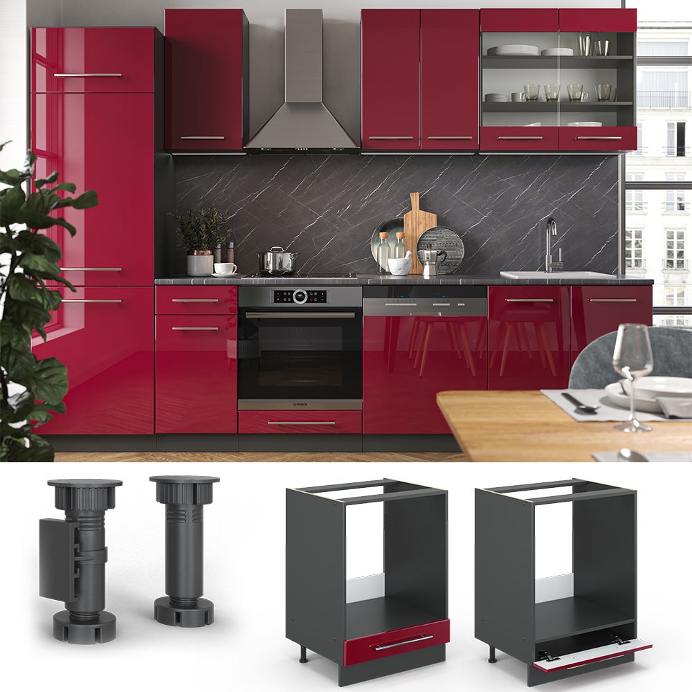 Vicco Meuble pour four Fame-Line, Rouge bordeaux Haute brillance, 60cm sans PT - 2