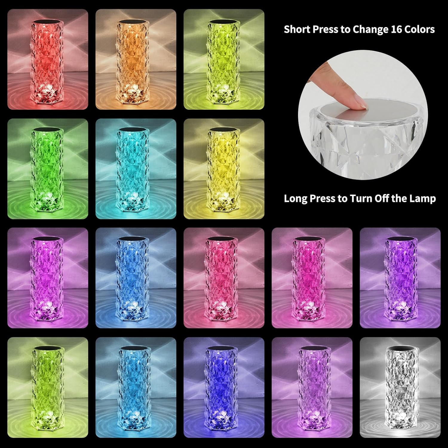 Lampe de table LED, lampe de chevet, lampe de table en acrylique diamant , lumière de nuit RVB changeante 2000 mAh, 16 couleurs, pour chambre - 3