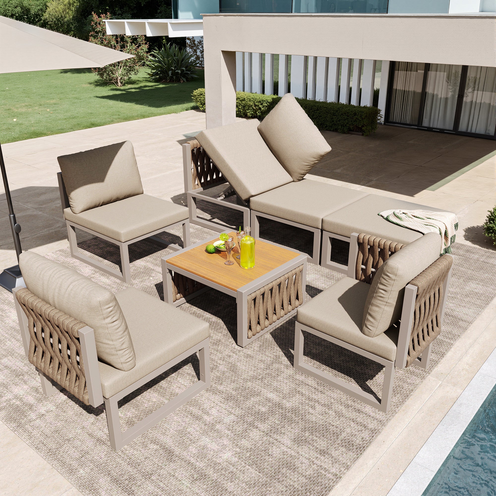 Conjunto de muebles de jardín exterior, silla de jardín para 6 plazas, cama doble de exterior, respaldo regulable, tumbona de piscina - Beige - 2