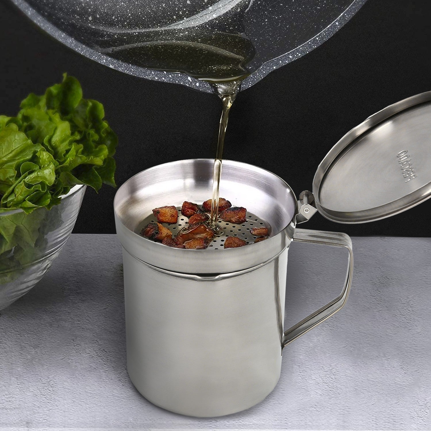 Grasera Acero Inoxidable Para Carne, Aceitera Aceite Usado 0,5 lts. Con Colador y Tapa, Recipiente Reciclaje Aceite Usado Carne - 5