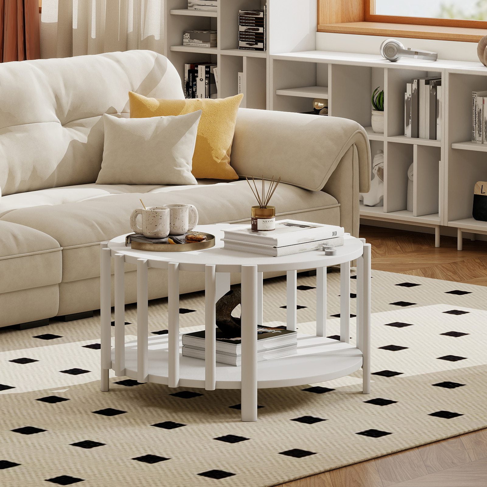 Tavolino rotondo moderno 70x40 cm in MDF – Design minimalista multifunzionale per soggiorno, tavolino decorativo – Bianco - 4