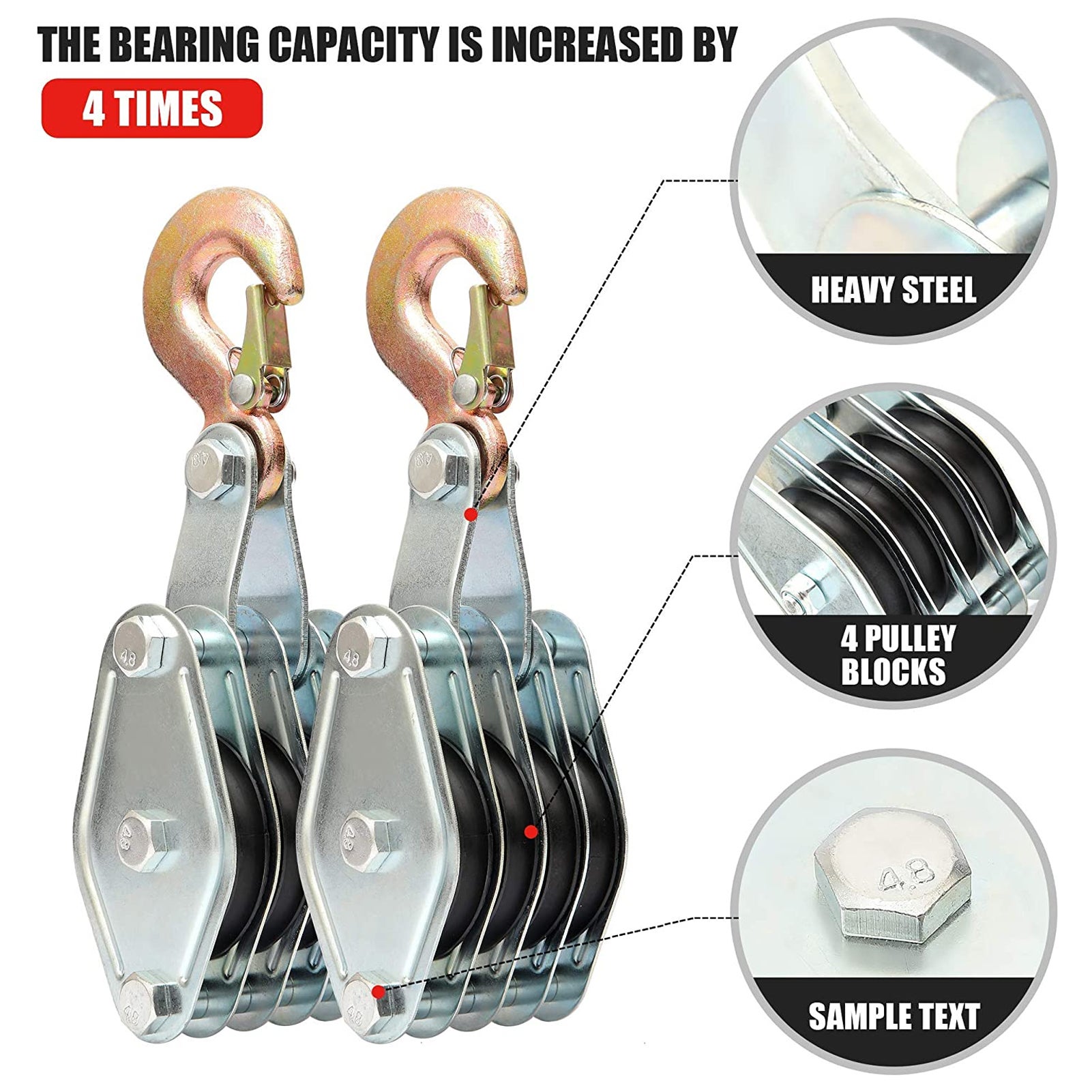 Blocco di sollevamento con gancio in acciaio zincato con capacità di carico di 4000 libbre e fune multi-nylon - 5