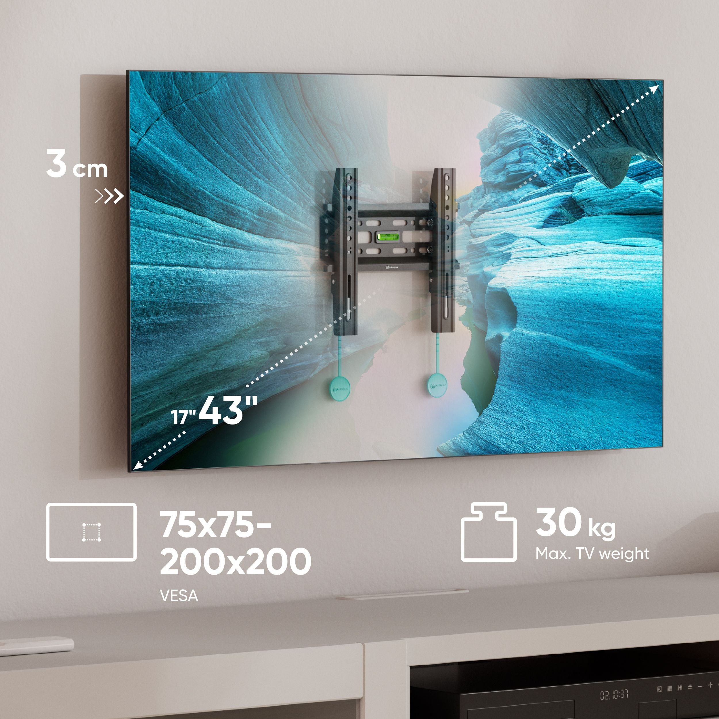 ONKRON Support TV Mural Fixe pour 17-43 Pouces Moniteur & Tele, Poids jusqu'à 30 kg - Fixation Murale TV VESA 75x75-200x200 mm FM1-B Noir - 2