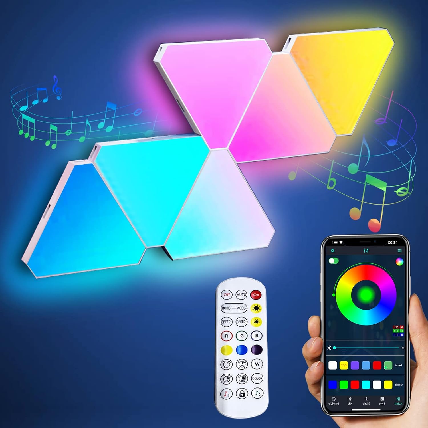 Panel LED Trójkątny RGB - Inteligentne Oświetlenie Ścienne do Pokoju i Gamingu - Synchronizacja Muzyczna - Kontrola Aplikacją/Pilotem - Zestaw 6 sztuk