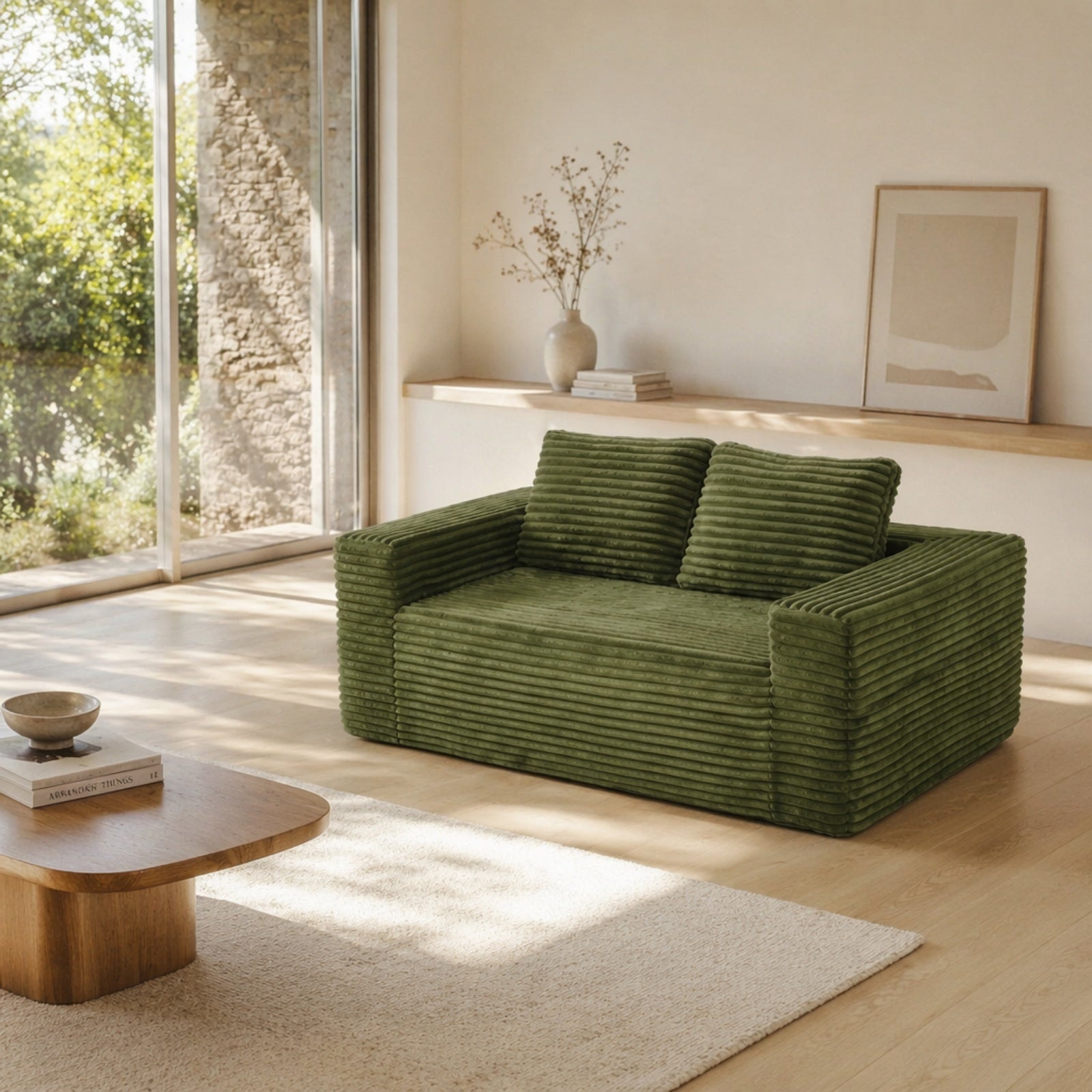 Canapé 2 places sans cadre, assise profonde, velours côtelé, sans montage, pour petit espace - Vert - 2