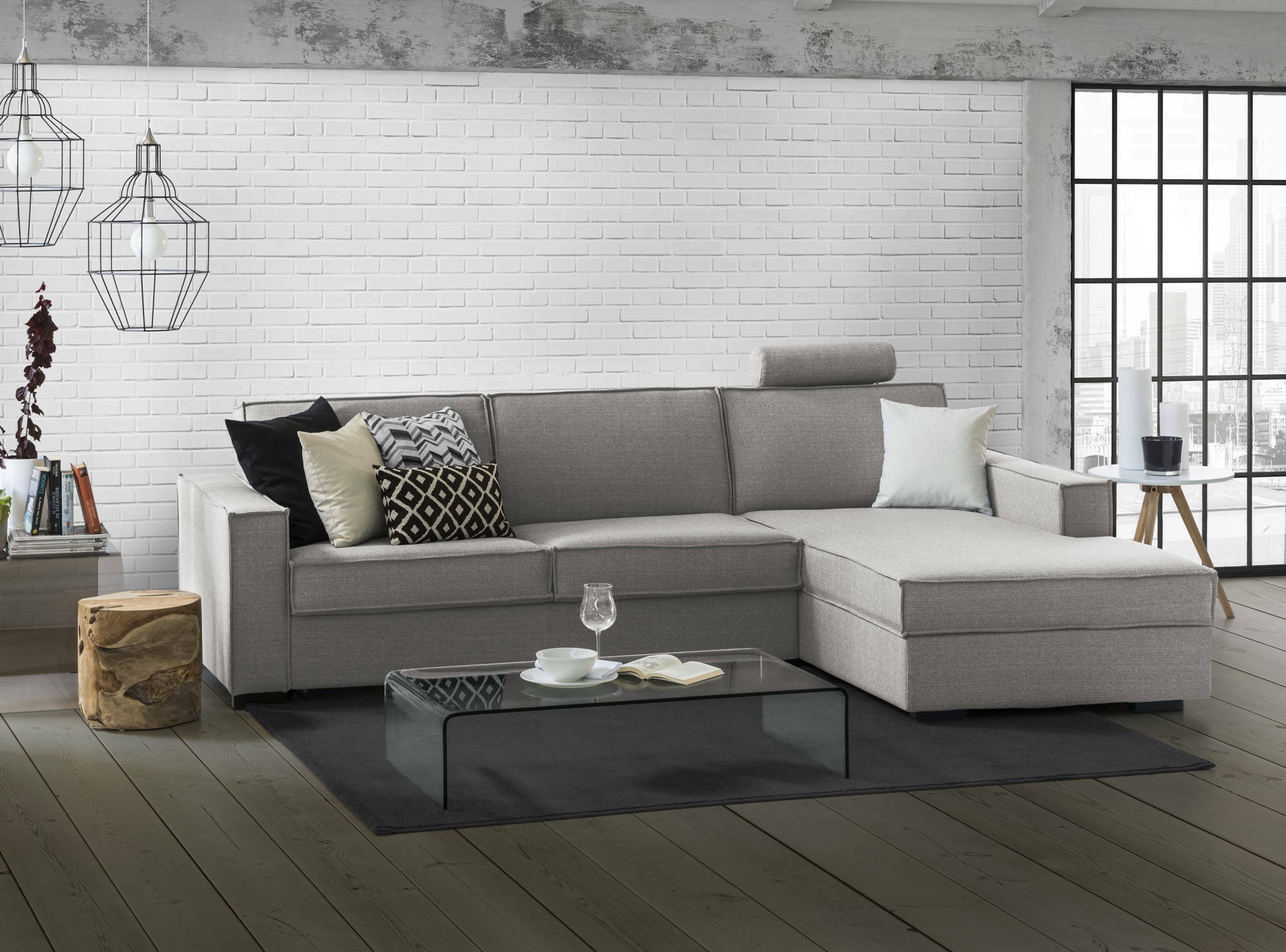 Sofá cama adelia, sofá de esquina, sofá con apertura giratoria, península contenedor derecha, con reposabrazos delgados, cm 260x95h90