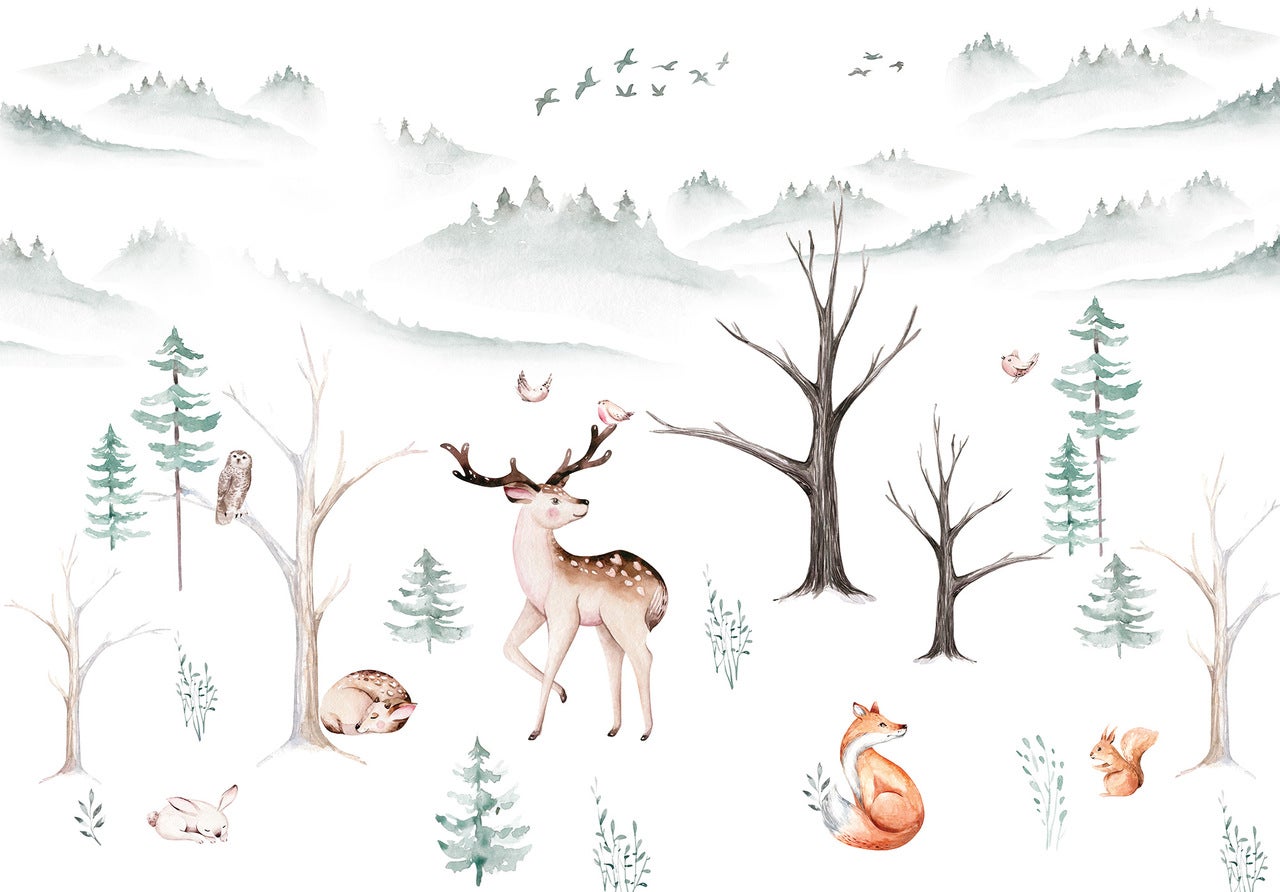 Papel pintado infantil niños bosque animales panorámico 312x219 cm - cola incluida - dormitorio infantil - trampantojo moderno