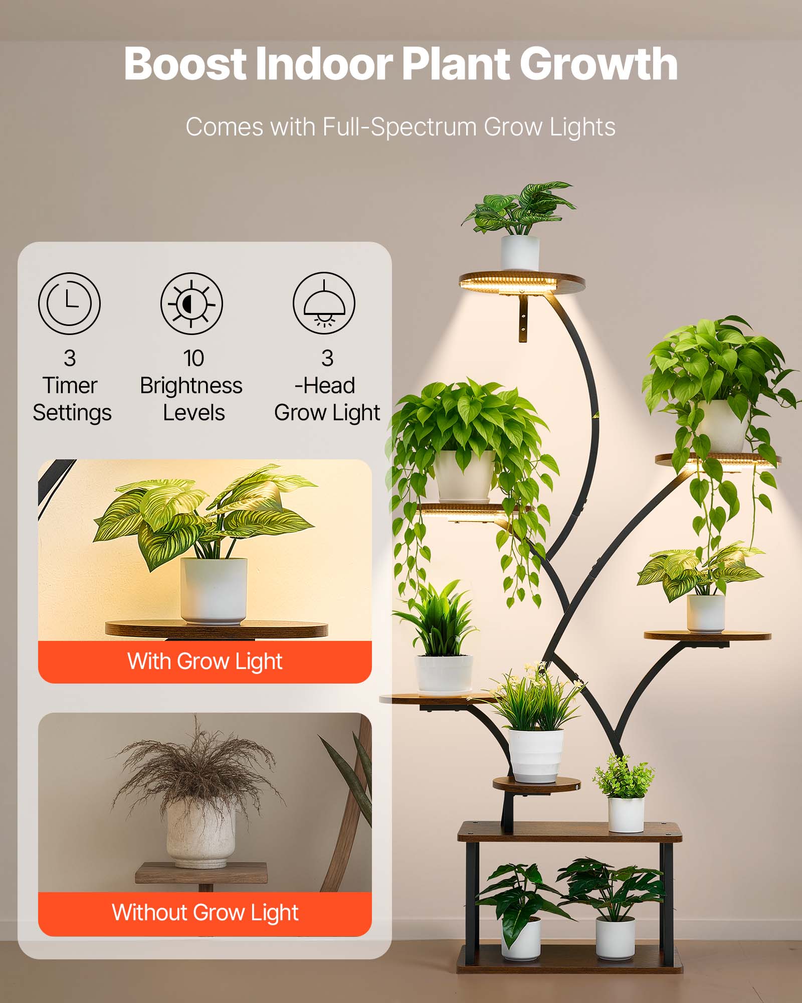 Support plantes intérieur VEVOR métal 8 niveaux, 157,5 cm, avec lampe croissance, 3 minuteries, 10 niveaux de luminosité, présentoir fleurs pour salon - 3