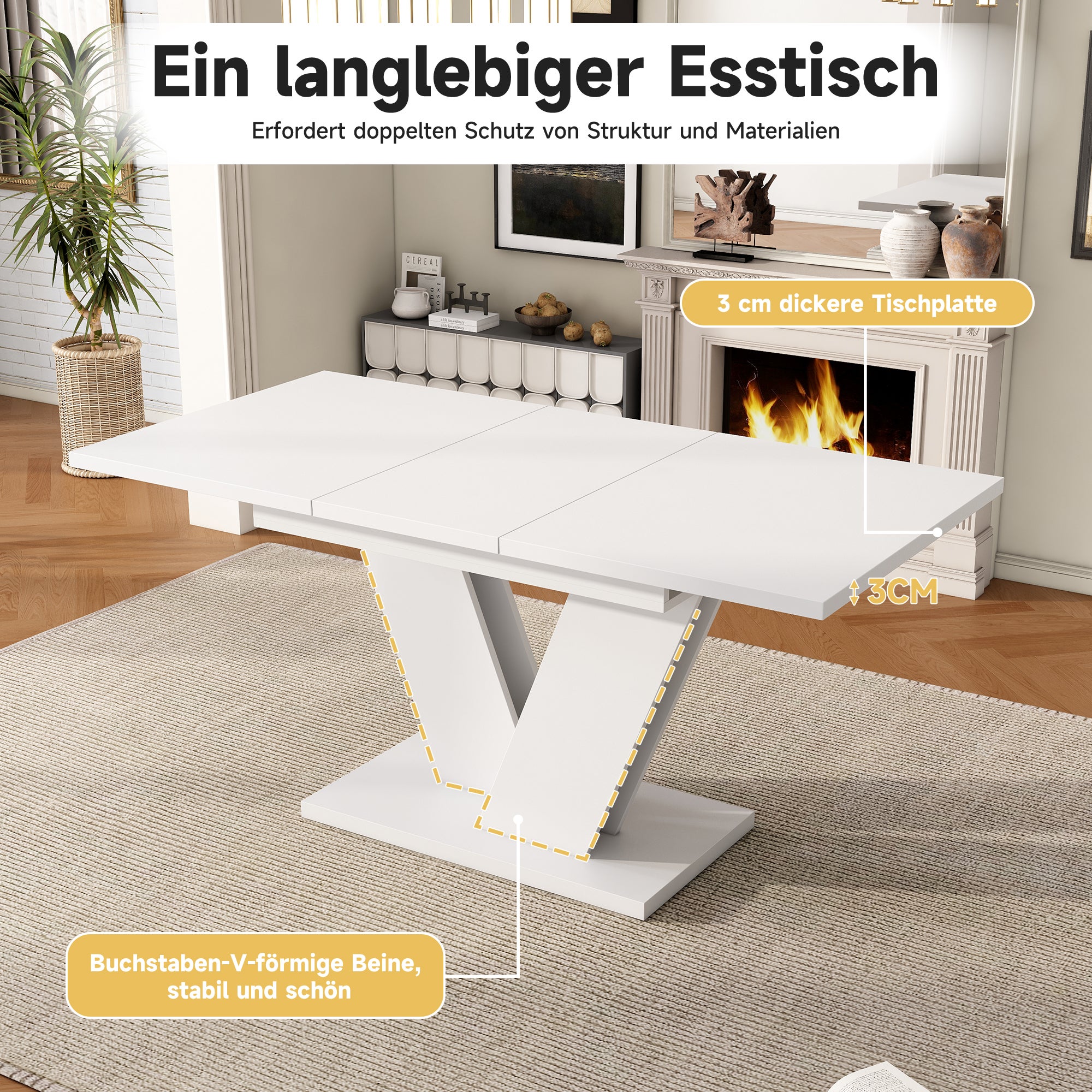 Table à manger extensible pour 4 à 6 couverts - 120/160 x 80 x 75.5 cm - MDF - Pièds en forme V - Blanc - 4