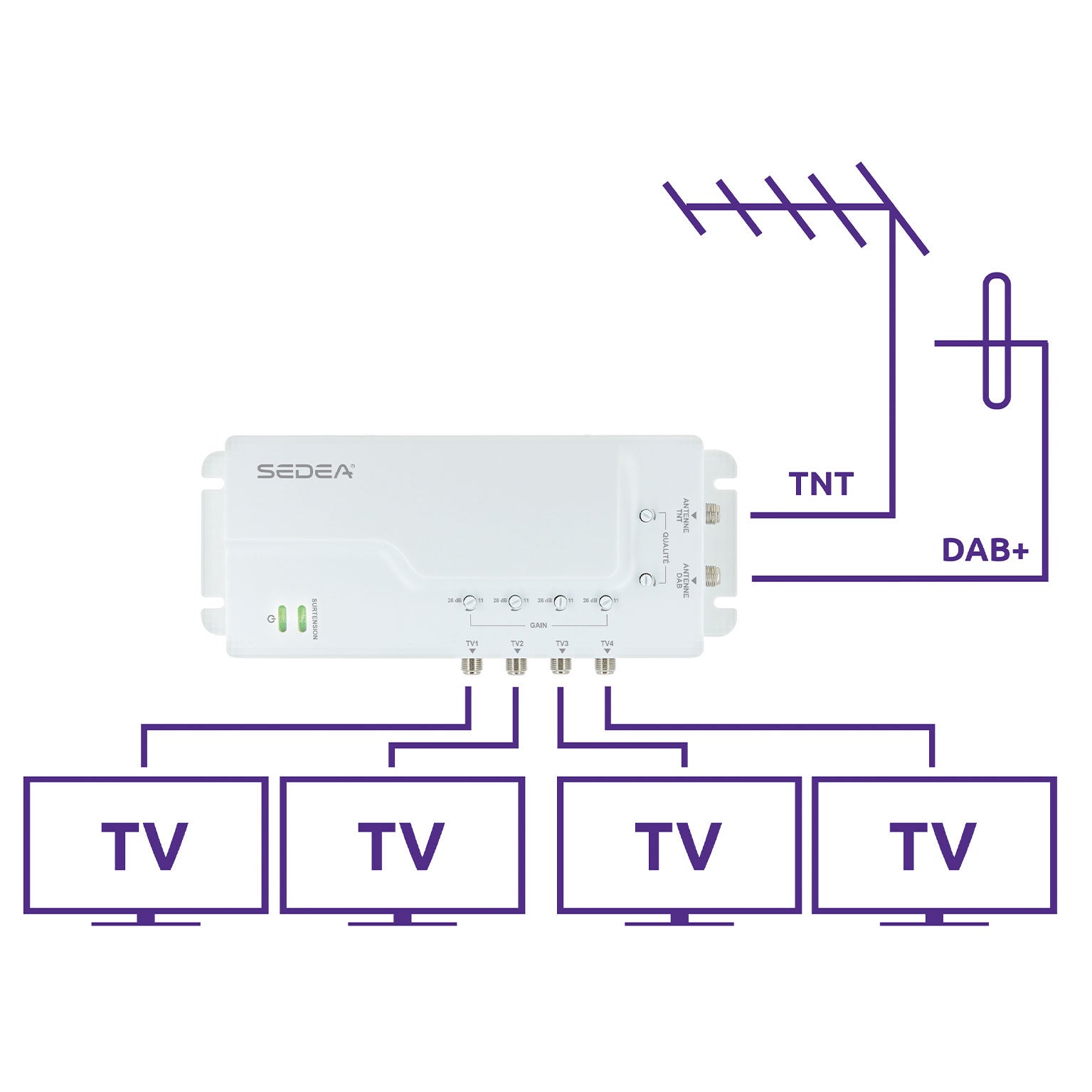 Amplificateur intérieur 26 dB réglable | 2 entrées/4 sorties - 2