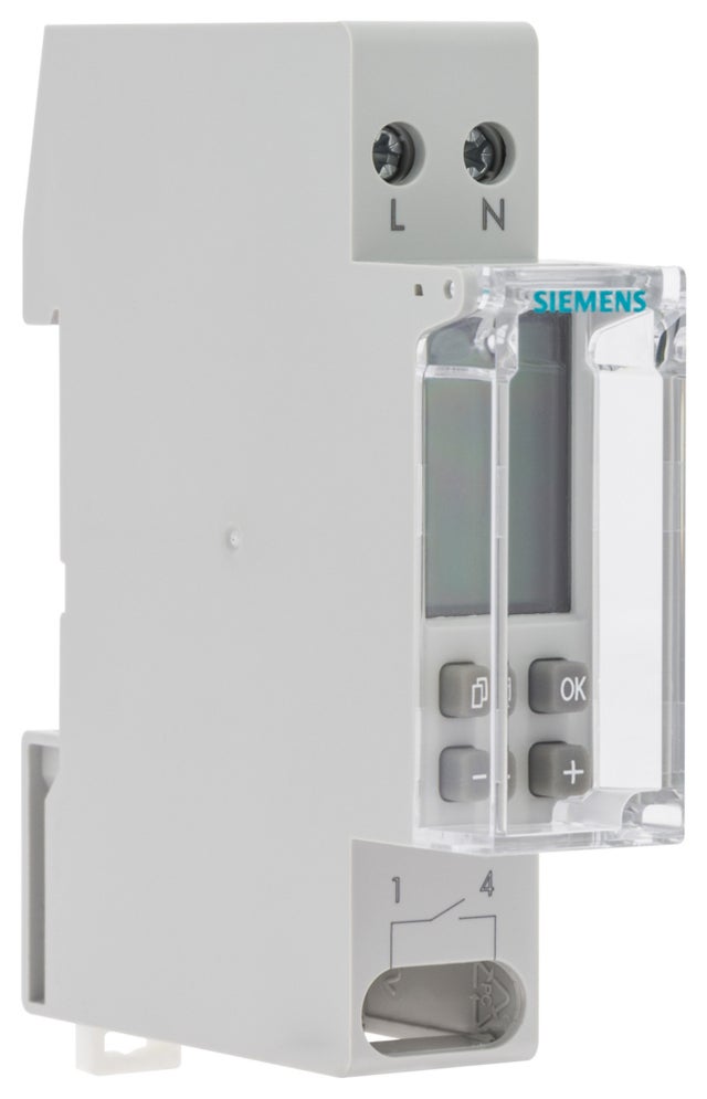Horloge hebdomadaire digitale Siemens, 1 module, contact inverseur, affichage LCD, programmation sauvegardée, passage heure été/hiver automatique
