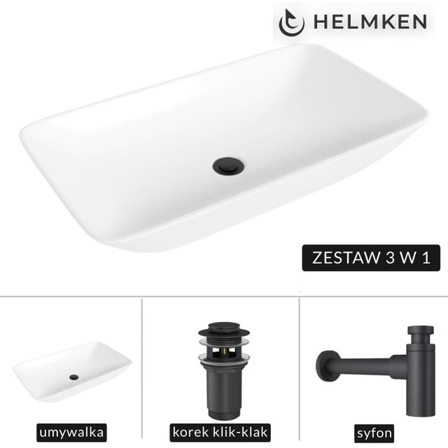 Umywalka nablatowa Helmken 88670000 (70x40) Biała + Syfon Czarny Mat + Korek klik-klak Czarny Mat