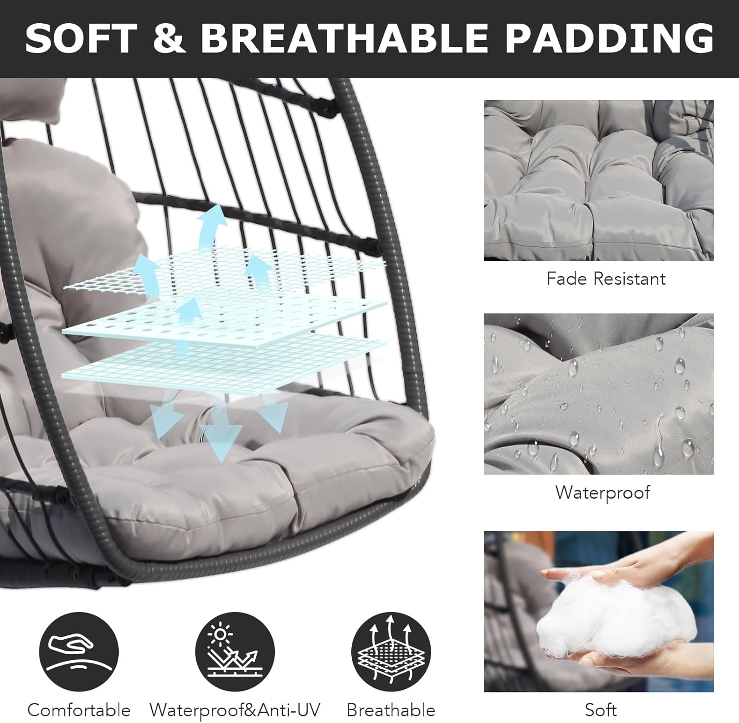 Fauteuil œuf suspendu pliable en rotin avec coussin et support - 2